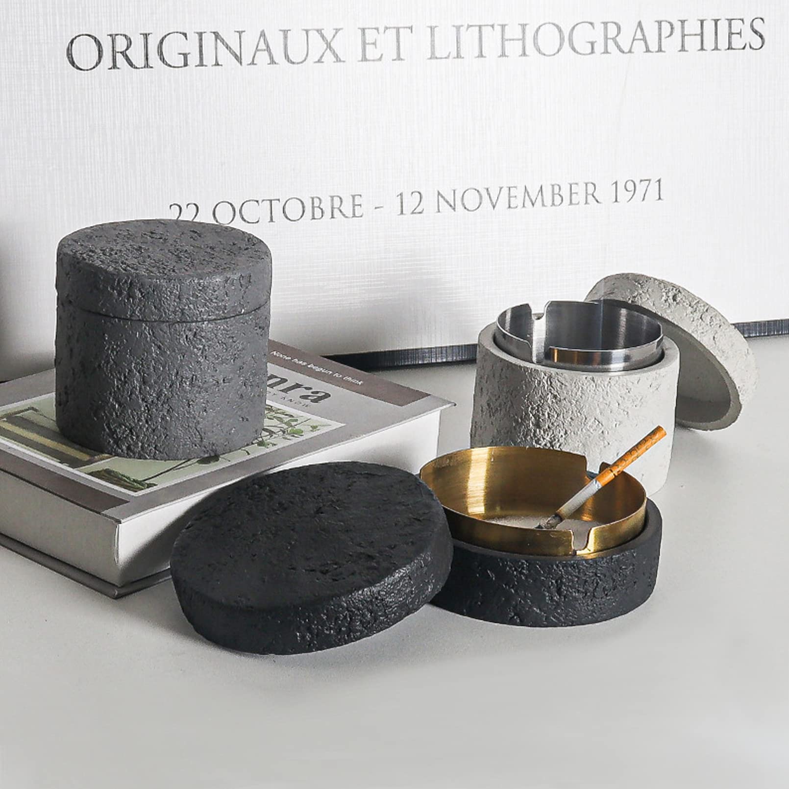 Cutfouwe Multifunktionaler Mülleimer Mit Deckel-Innenzylinder Aus Beton Und Metall - Φ11.5Cm X Höhe 5.5Cm,Schwarz
