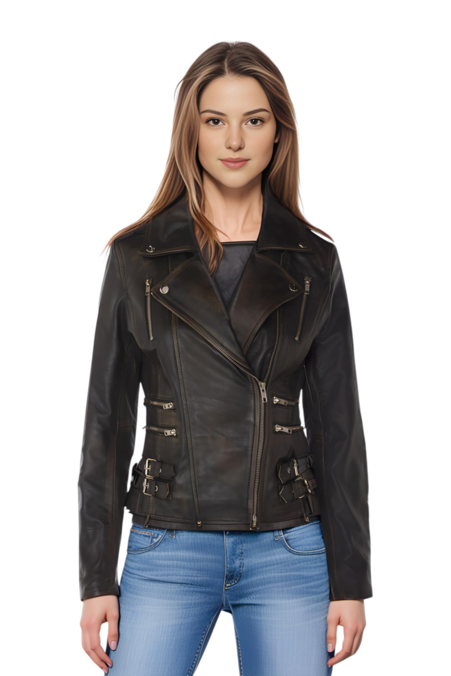 Ladies Leather Biker Vintage Black Real Lamb Nappa Vintage Gothic Buckle Jacket