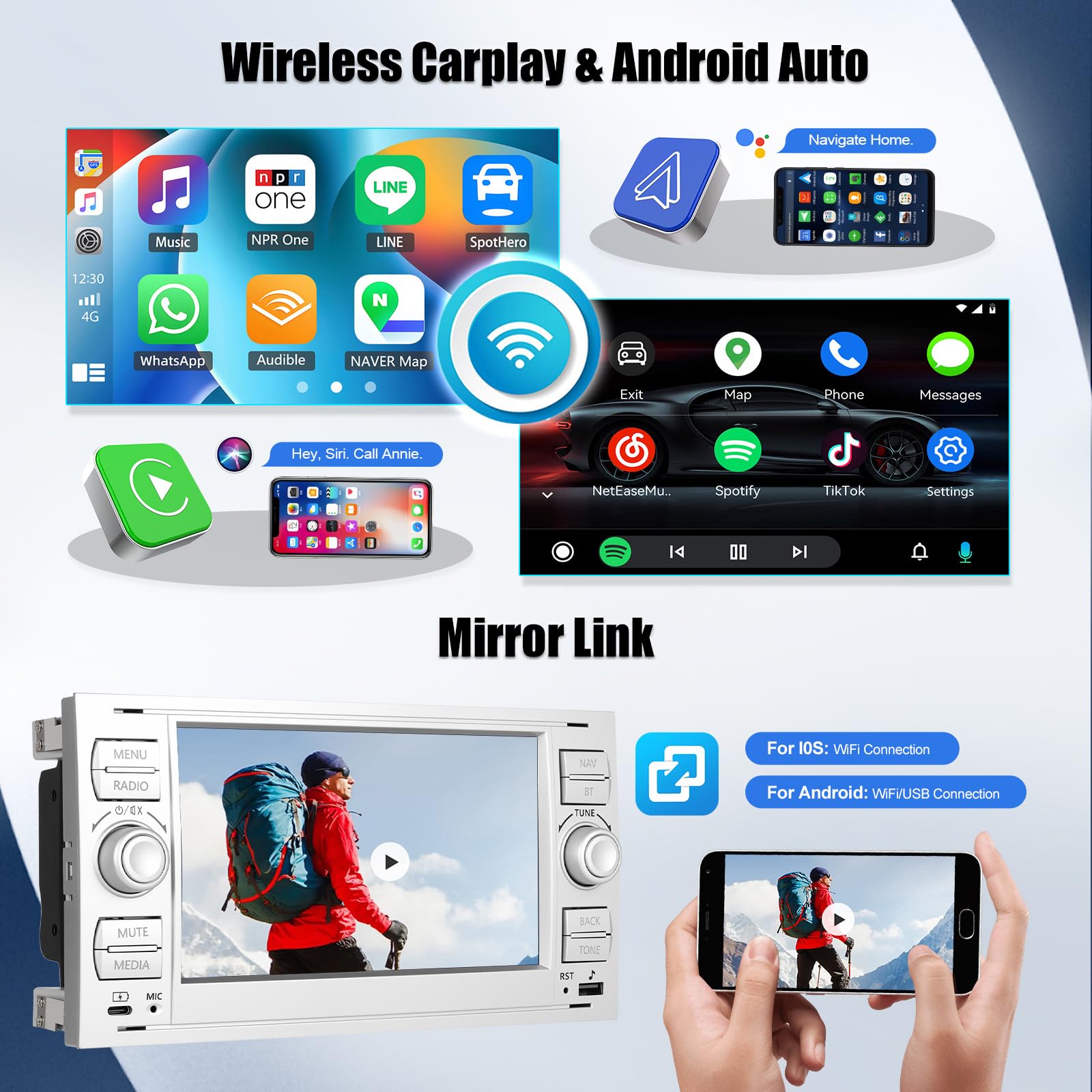 SIXWIN Radio samochodowe 4 + 64 G Android 15 z CarPlay/Android Auto/Mirror Link do Ford C-Max/Galaxy/Connect/Fiesta/S-Max, ekran dotykowy HD z WiFi GPS Bluetooth 5.0 FM/RDS 32EQ USB/Type-C (srebrne)