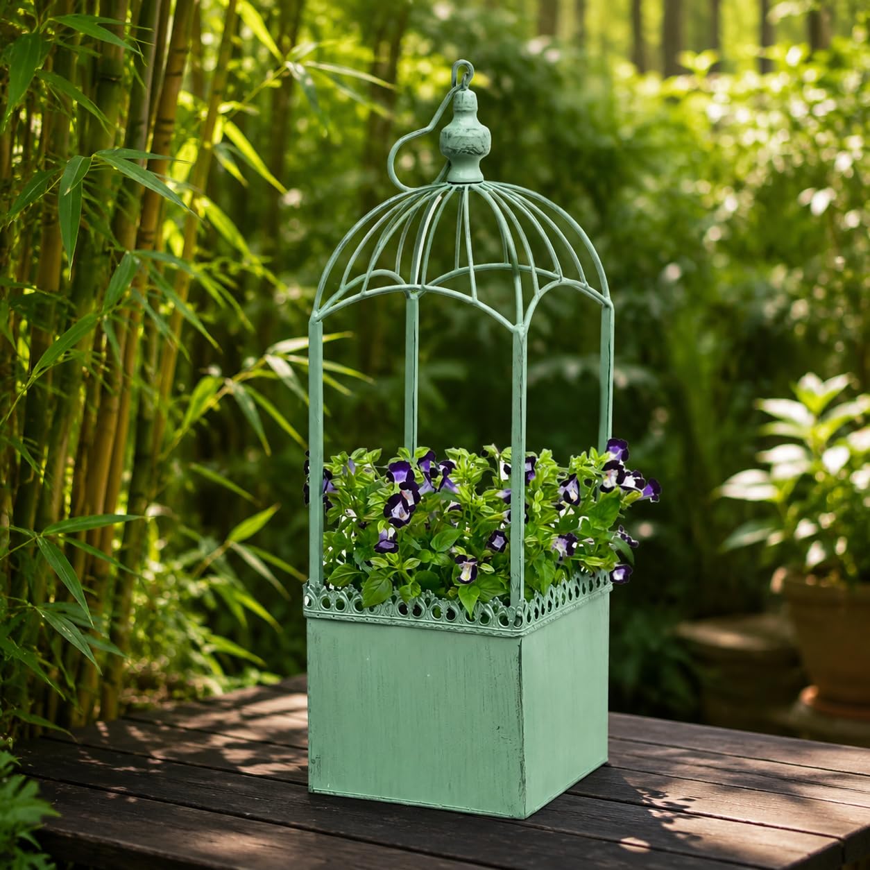 Maceta Colgante de Hierro Forjado, Estilo Vintage, para Exterior, con Cadena, macetero Cuadrado Pintado con Drenaje, Verde Envejecido