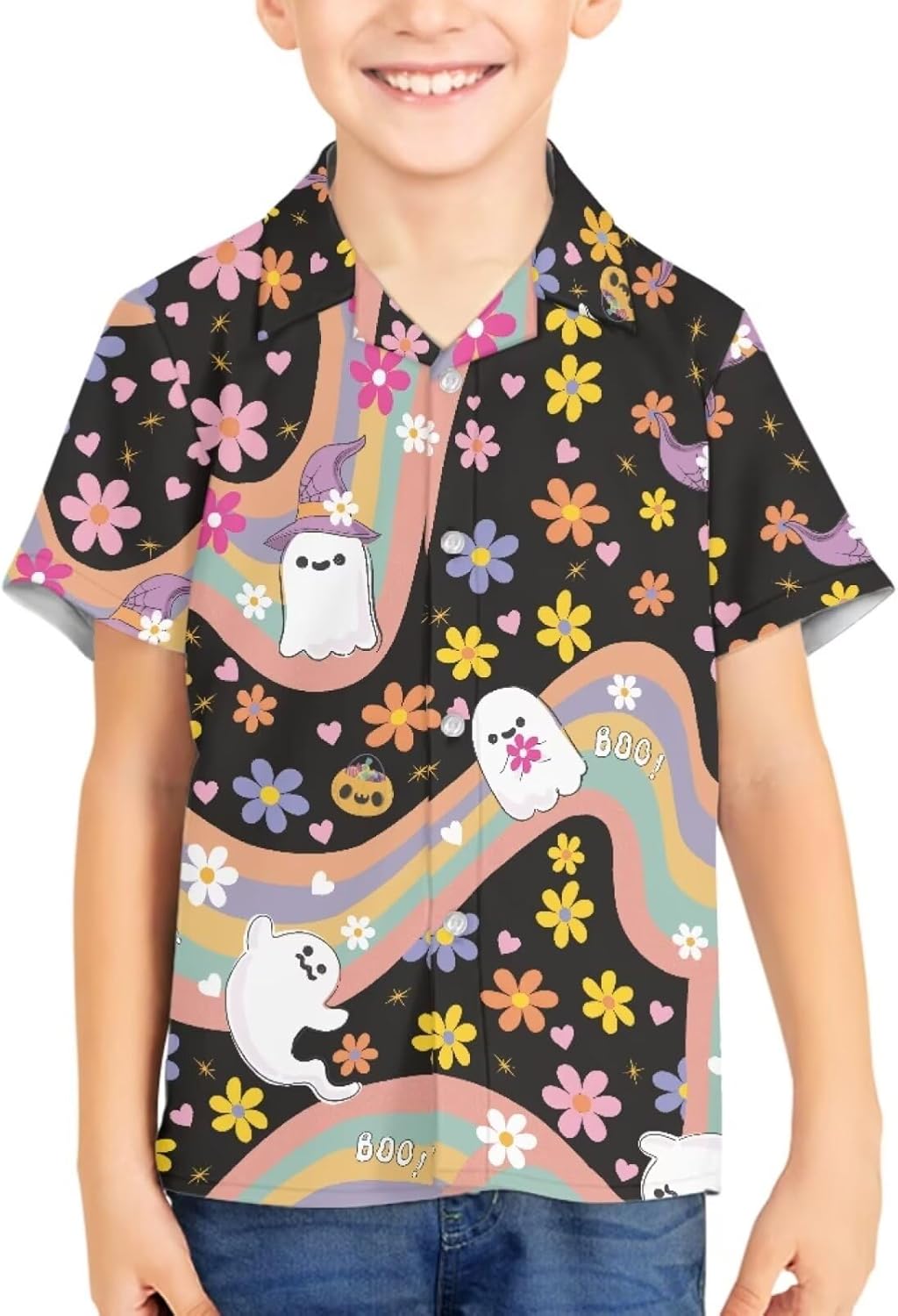 Kid's Short Sleeve Button Down Hawaiian Shirts Comfortable Cool Cartoon Print Dress Tops T-Shirt for Boy Girl