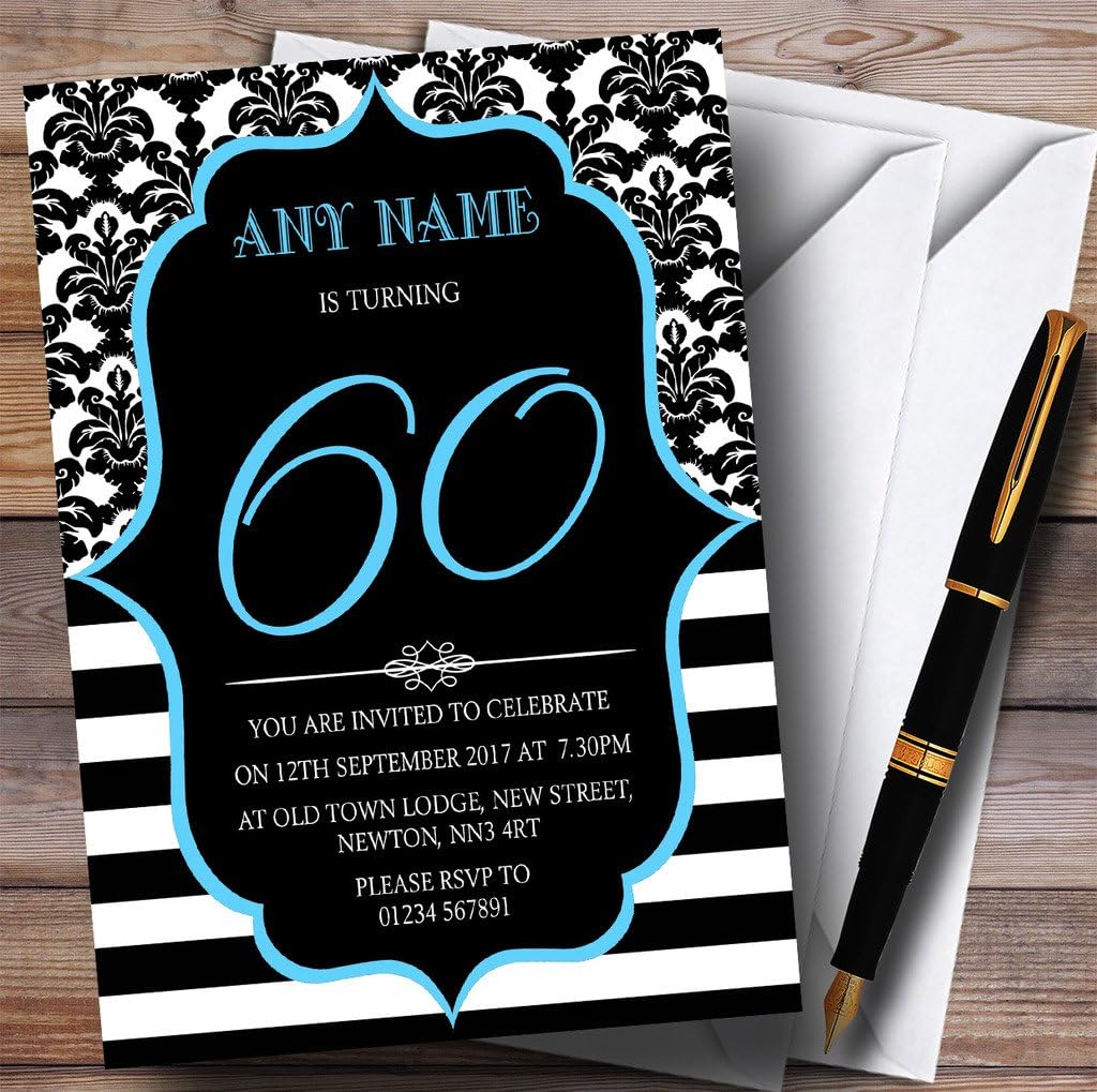 Vintage Damask Blue 60th Personalized Birthday Party Invitations