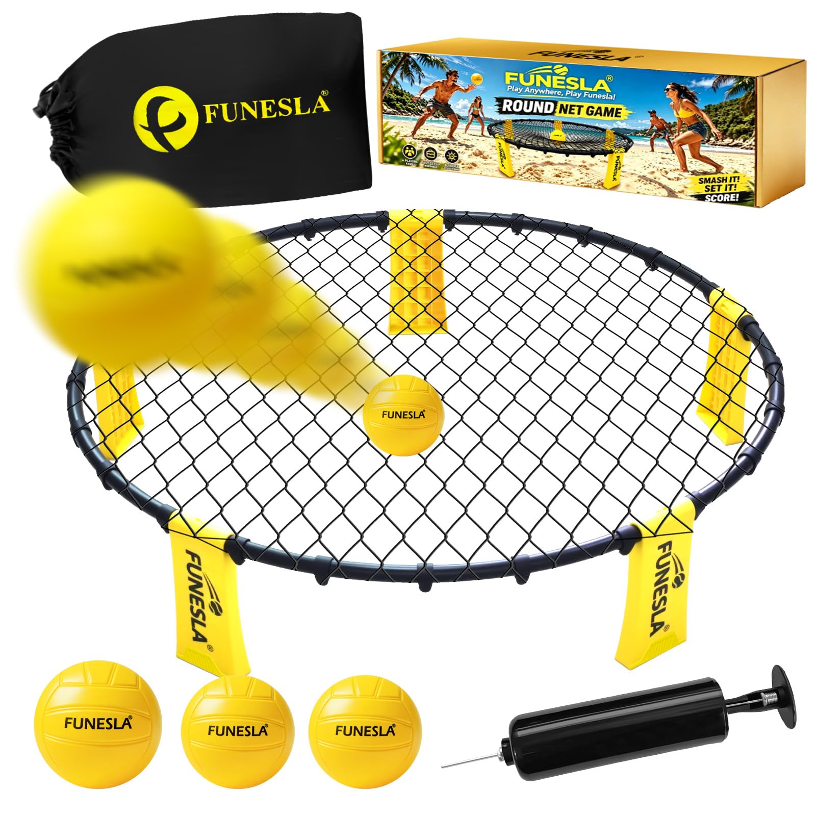 Roundnet Set mit Tasche für Strand & Garten, Outdoorspiel mit direkter Steckmontage, inkl. 3 Bälle (12cm/9cm), Luftpumpe mit Nadelhalter