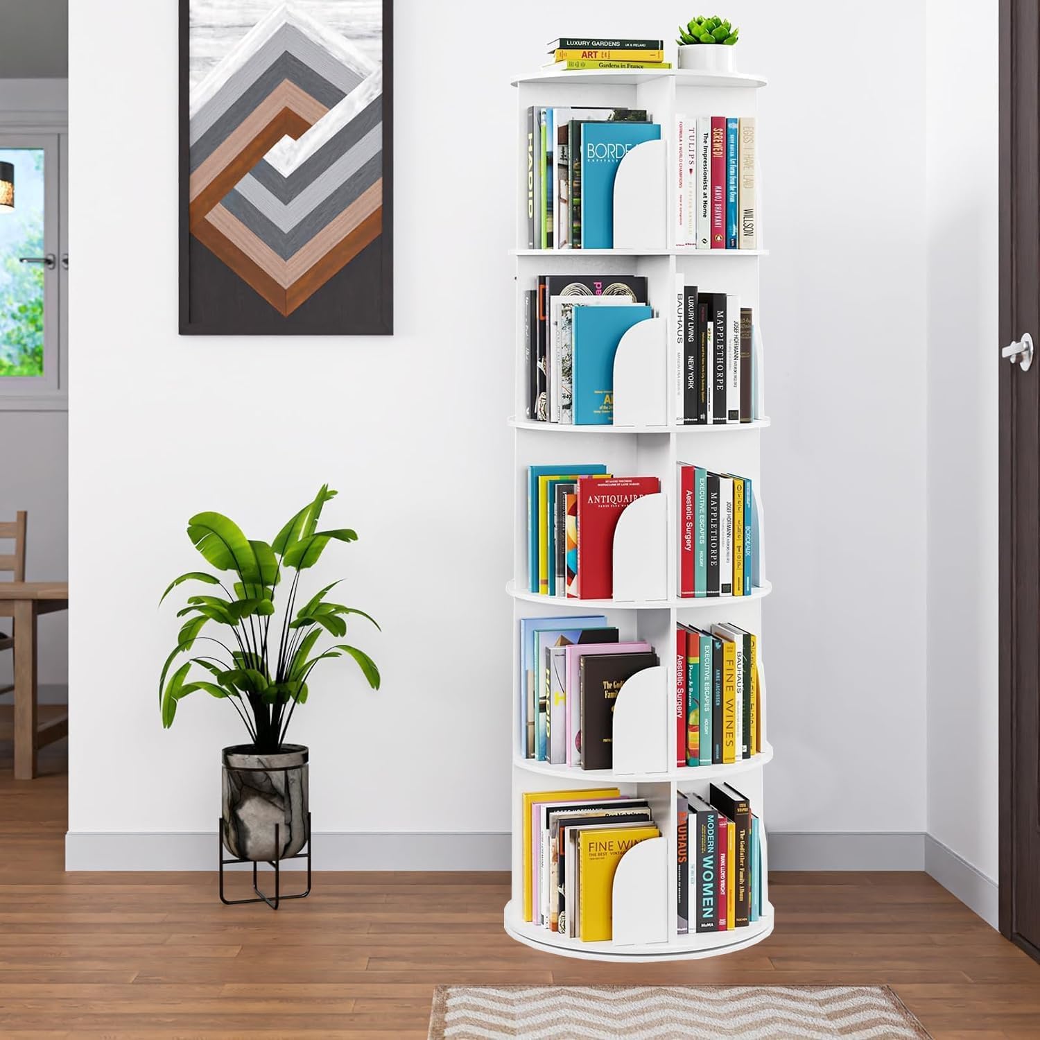 uyoyous Bibliothèque Rotative 360° à 5 Niveaux, Étagère Ronde Gain de Place en Bois d'Hévéa, avec Pare-Chocs Anti-Chute, pour Salon, Chambre, Bureau, Chambre d'enfant, Style Moderne