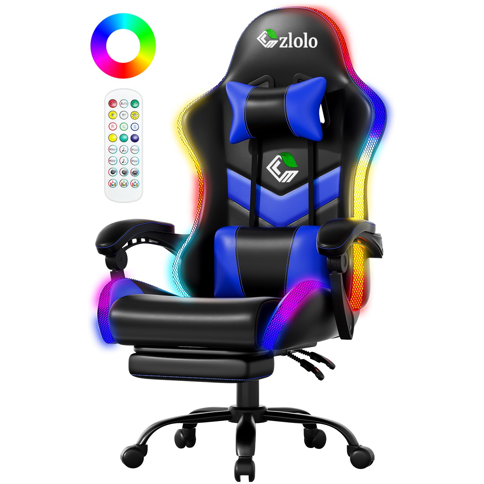 Czlolo Gaming Chair, 2026 Upgraded RGB LED Lights Computer Chair with Footrest, Lumbar Support Massager Gamer Chair, High Back, 90-135° Reclining, Linkage Armrests, Blue