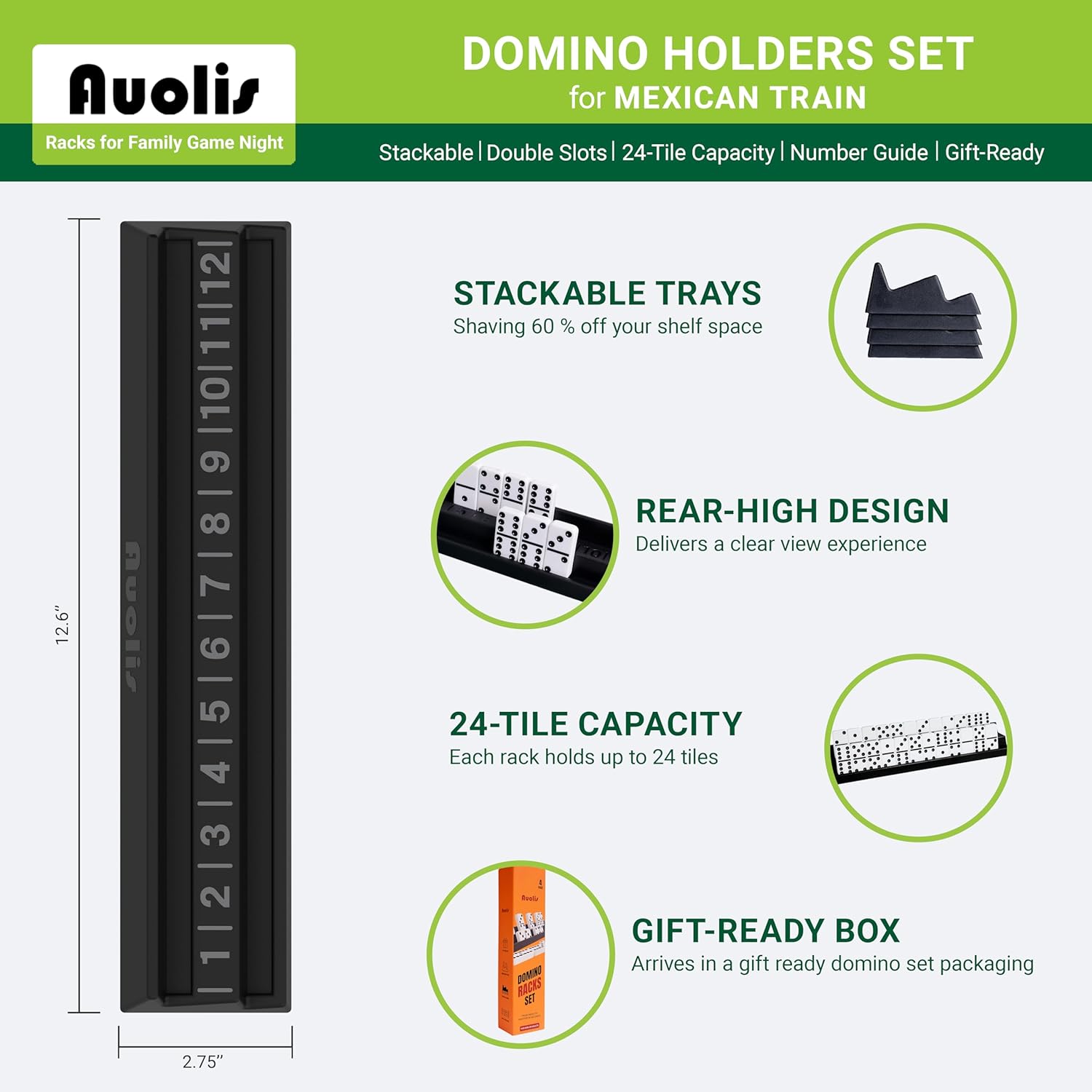 Domino Holders for Mexican Train, Set of 4 Stackable Trays, 24-Tile Capacity Each, Plastic Racks for Family Game Night