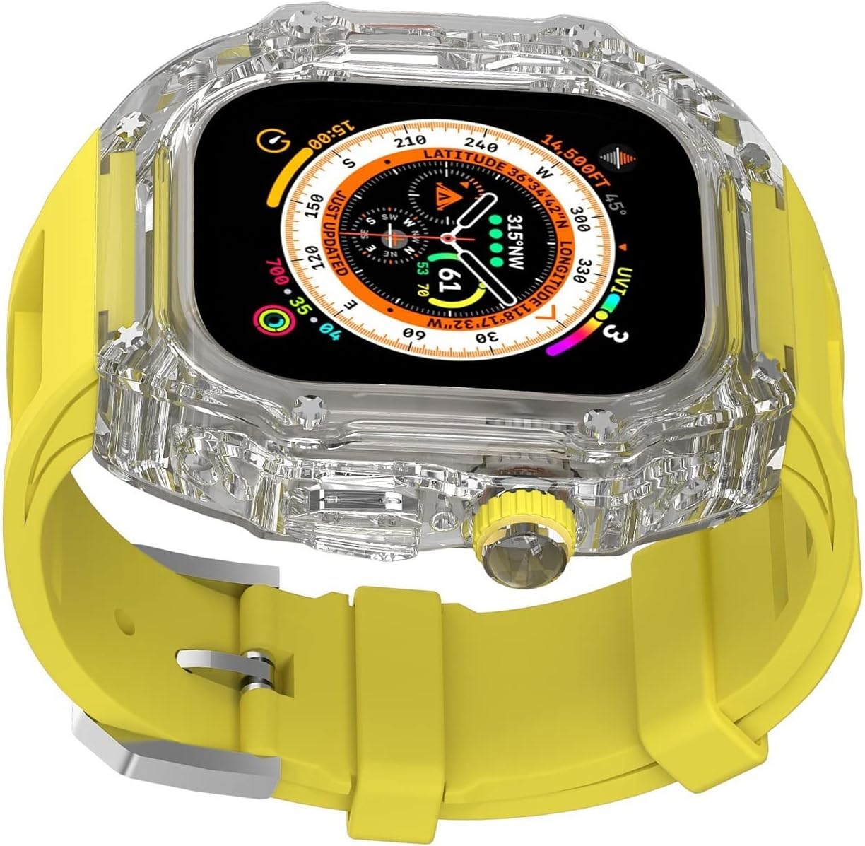 BUDAY Luxury Women Crtstal Transparent Watch Case Rubber Bands?For Apple Watch Ultra 8/7/6/5/4/SE 49mm 45mm 44mm?Hard PC Bezels RM Style Watch Sport Wrist Band Accessories(K,For 49mm)