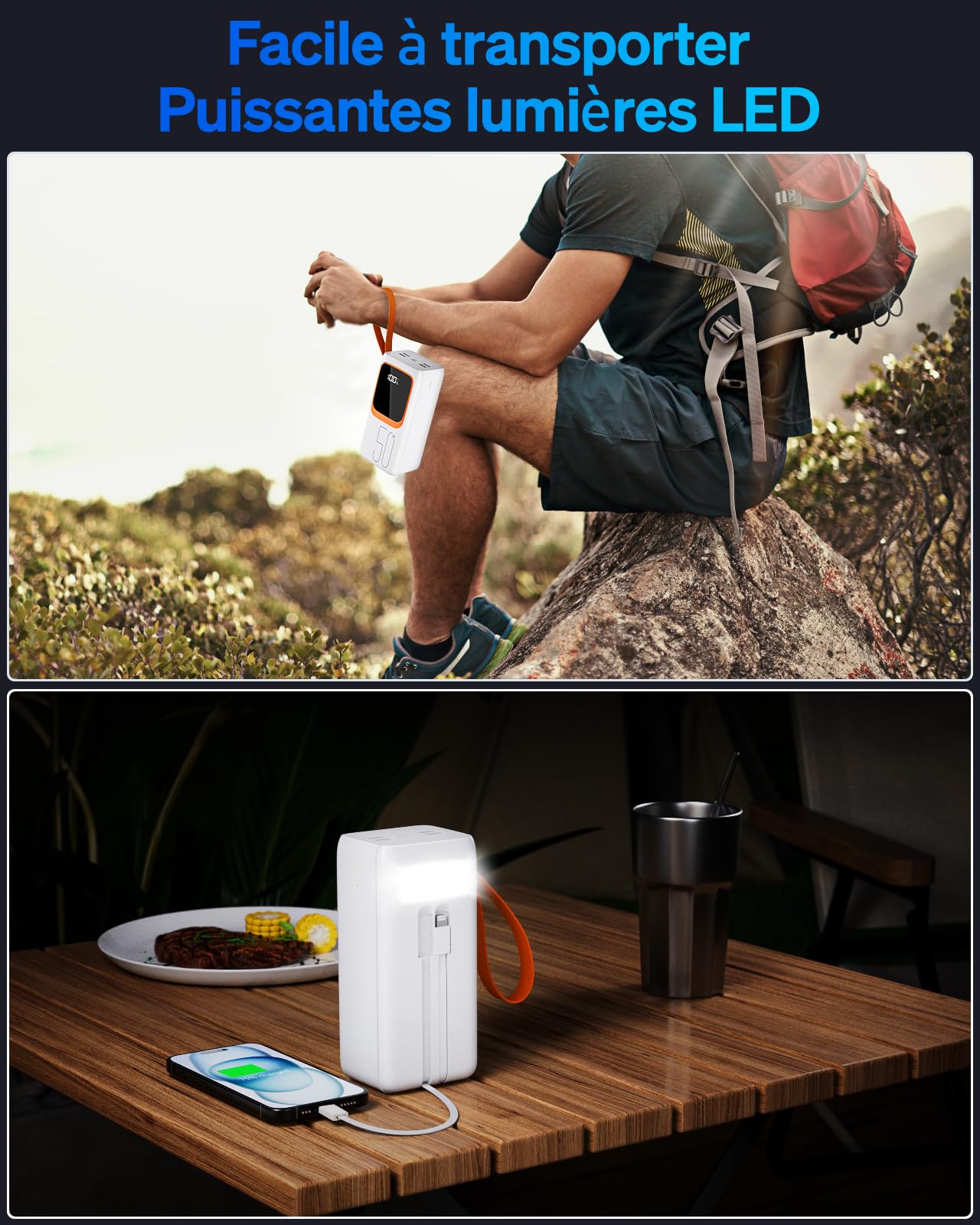 Batería externa de 20000 mAh con cable incorporado: 22,5 W Power Bank de carga rápida para teléfono móvil, batería USB C (Input & Output)