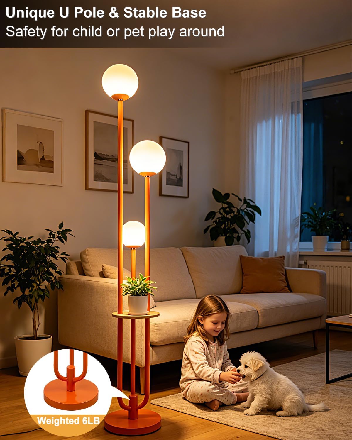 Lightdot 63IN Orange Floor Lamp with Shelf Mid Century Modern Tall Standing Lamps with 3000K Warm White Bulb Included Dimmable Globe Floor Lamp for Living Room/Party/Sofa Beside/Corner Decor