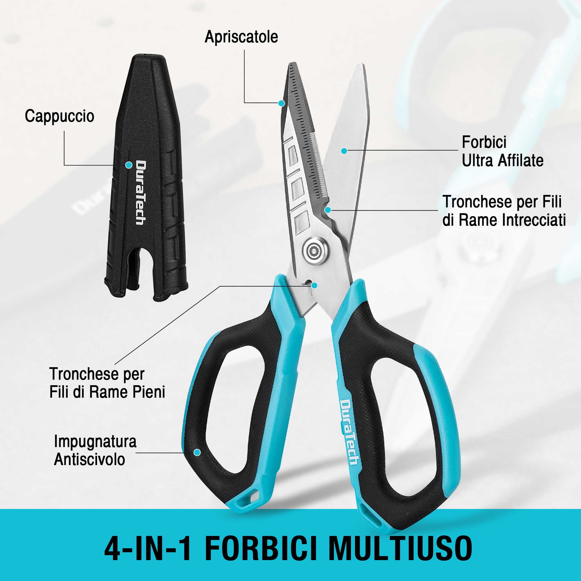 DURATECH Forbici Multifunzioni 4 in 1, Forbici Resistenti, Forbici in Acciaio Inox con Lama Curva e Seghettata, con Tronchese, Apriscatole e Cappuccio Protettivo, per Tessuto, Moquette, Pelle, Cartone