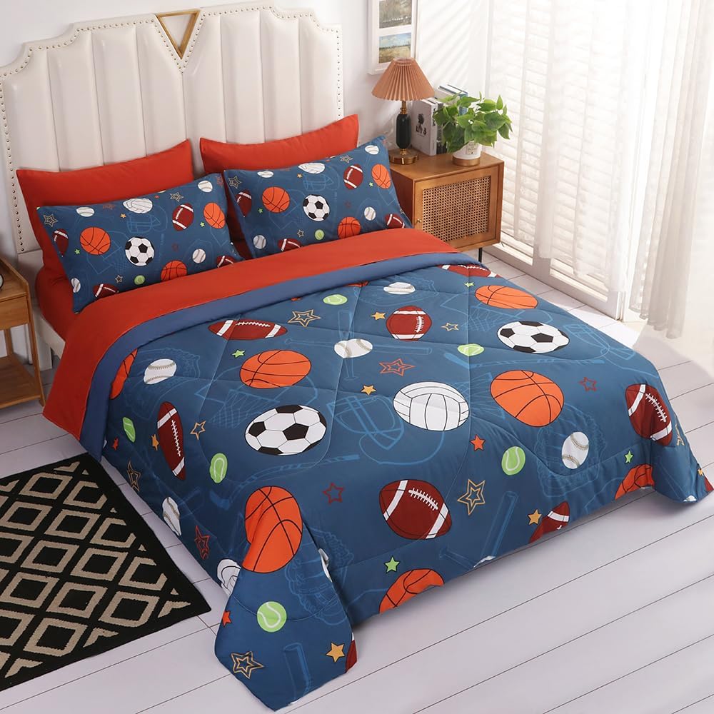 3D Basketball Bedding Set Full Size, Soccer Quilt Set for Boys Kids, 7 pieces Football Comforter Set (1 Comforter 1 Flat Sheet 1 Fitted Sheet 2 Pillowcase and 2 Pillow Sham) (Baseball 1, Full) - Image 4
