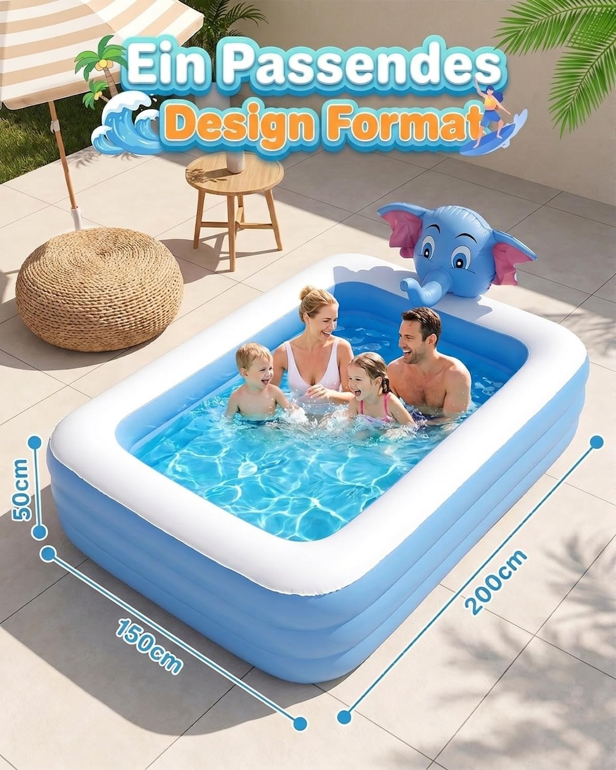 Aufblasbarer Swimmingpool Planschbecken mit Sprinkler 3D-Elefantenkopf 200 x 150 x 50 cm Familienpool