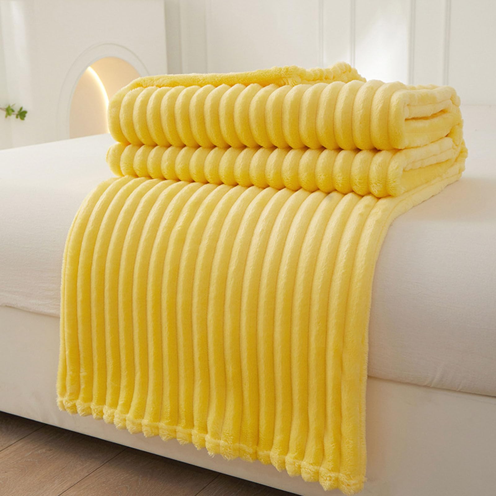 DOTBUY-SHOP Flannel Blanket Soft Throw Blanket, Striped Solid Color Blankets and Throws, Warm Flannel Throw fit all Season, Flannel Blankets for Sofas, Bed, Travel (100x150cm,Yellow)