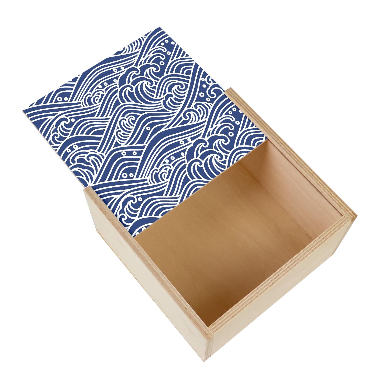 Boîte En Bois Cubique 10x10x10cm - Motif 'Vague' Hokusai Sur Le Couvercle, Rangement Ou Coffret Cadeau, Fabriqué En France
