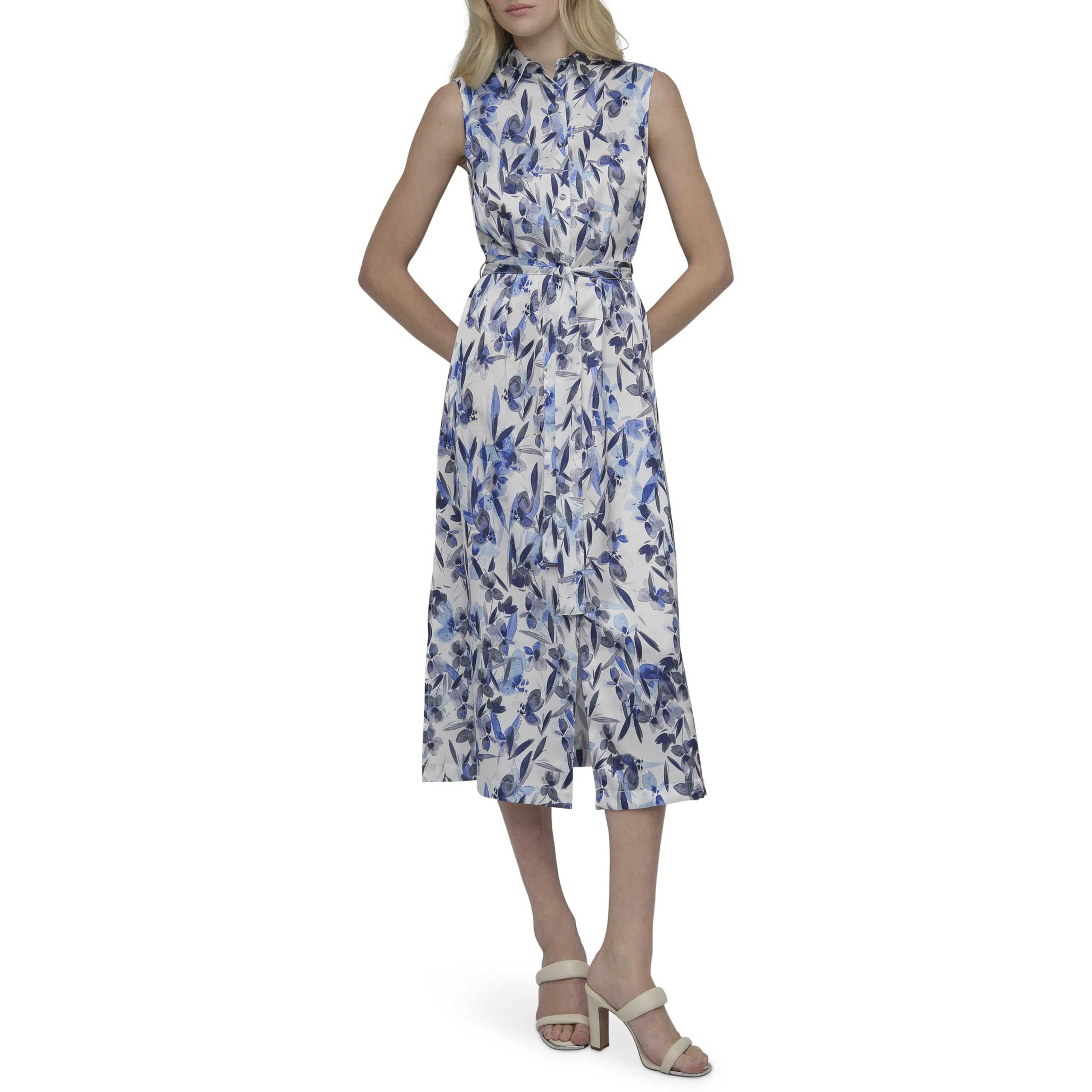 DKNY Women's Satin Sleeveless Collared Button Front Midi Shirtdress