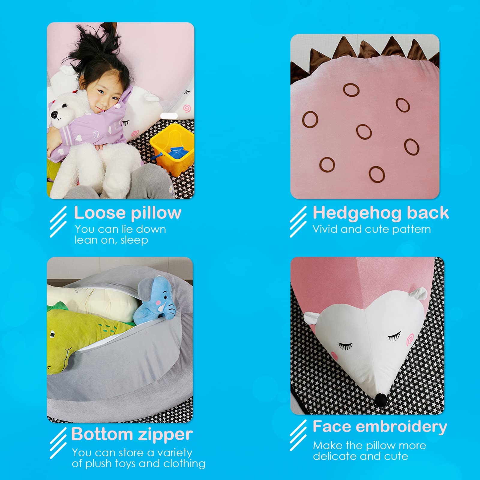 iFCOW Almacenamiento de Animales de Peluche Bean Bag Silla para, Cubierta de Almacenamiento de Juguetes de Peluche para niños cómodos Piso Tumbona Erizo