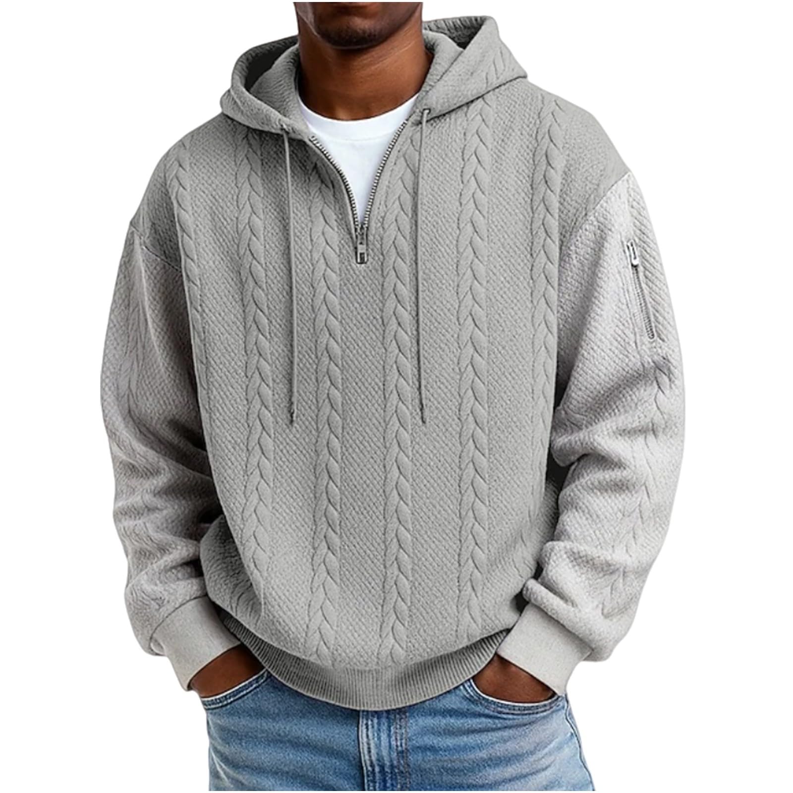 Chunotu - Felpa da uomo con cappuccio e cerniera a un quarto | Tinta unita Manica Lunga Coulisse Maglioni Con Tasche Texture Atletica Allenamento Caldo Maglione Abbigliamento