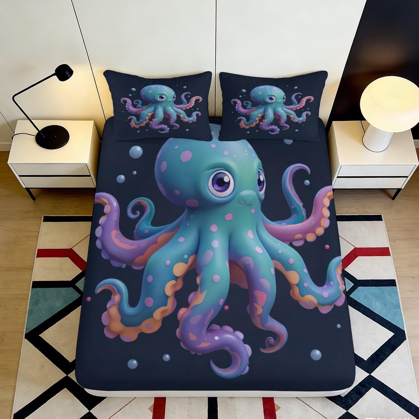 Pnayamiorkfel Style-6 3D Printed Cartoon Octopus Fitted Sheet Microfiber Bedroom Decor Cute Sea Creature Bed Cover For Home Dorm Guest Room 90X200x25cm
