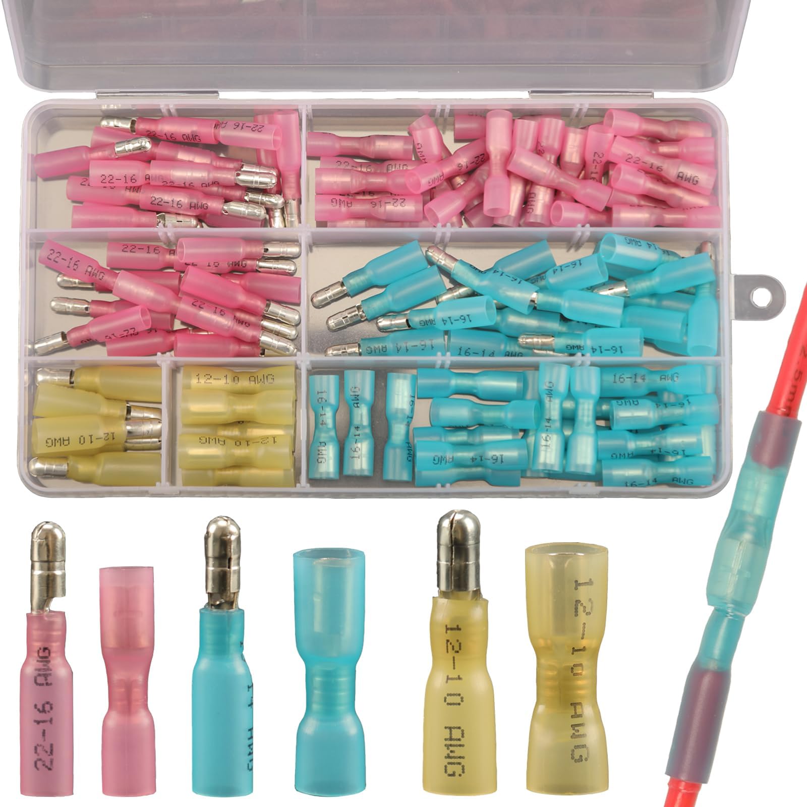 KASTWAVE Heat Shrink Bullet Wire Connectors Kit, 110 Pcs Waterproof Electrical Female & Male Bullet Butt Terminals, Bullet Terminals Wire Connectors, Marine Grade Bullet Connectors