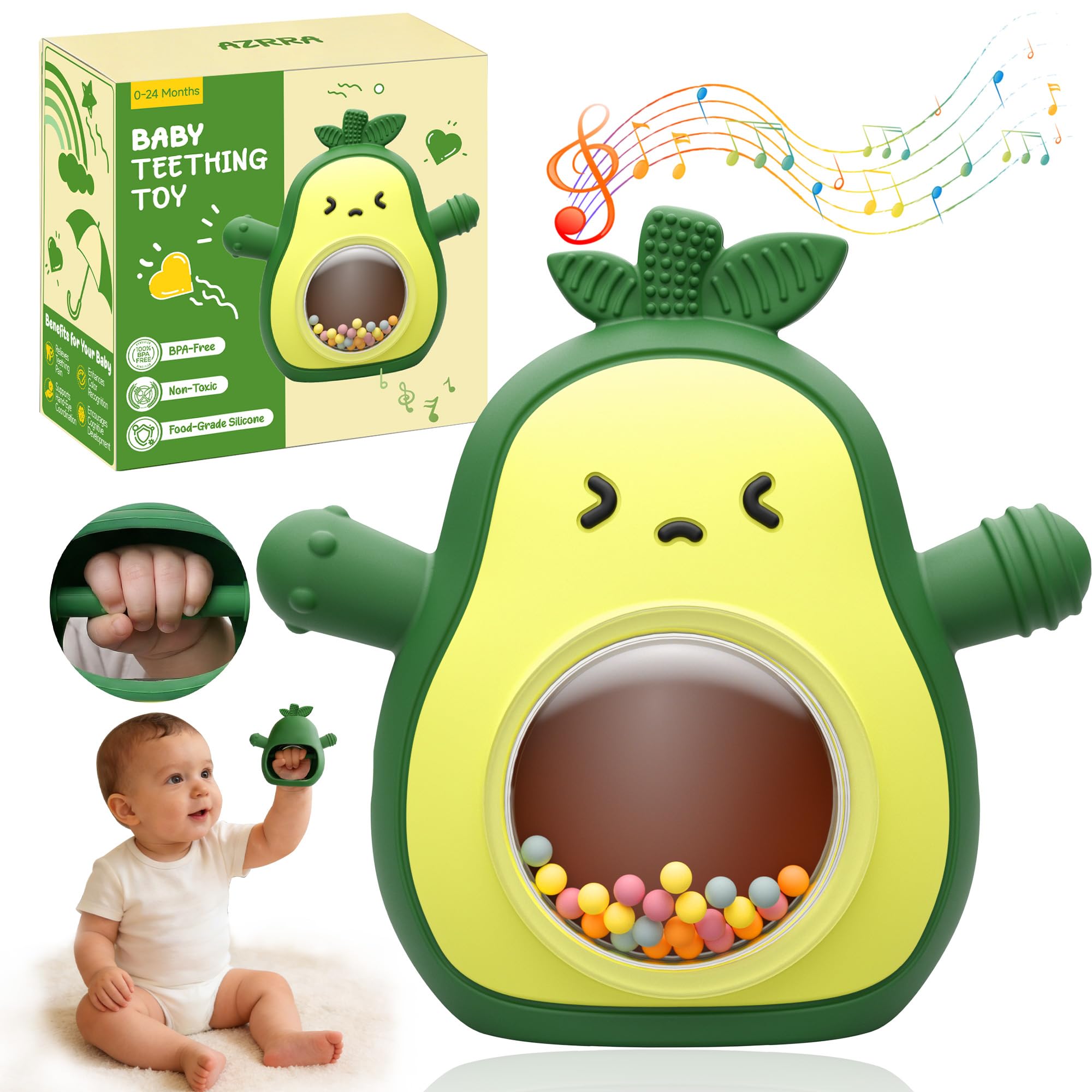 Teething Toys for Baby 0-24 Months, Avocado Silicone Teething Mittens 3-6 Months, Anti-Drop Baby Teething Chew Toy, Prevent Finger Sucking, 3-in-1 Teether, Rattle and Sensory Newborn Infant Toys
