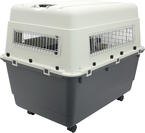 SportPet Airline Compliant XX-LARGE 39 Travel Dog Kennel-Durable Plastic Airline Pet Carrier w/ Removable Wheels & Food Bowls, Collapsible Indoor/Outdoor Dog Kennel, Dogs up to 36L & 27H-Cream/Gray