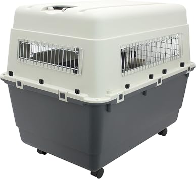 SportPet Airline Compliant XX-LARGE 39 Travel Dog Kennel-Durable Plastic Airline Pet Carrier w/ Removable Wheels & Food Bowls, Collapsible Indoor/Outdoor Dog Kennel, Dogs up to 36L & 27H-Cream/Gray