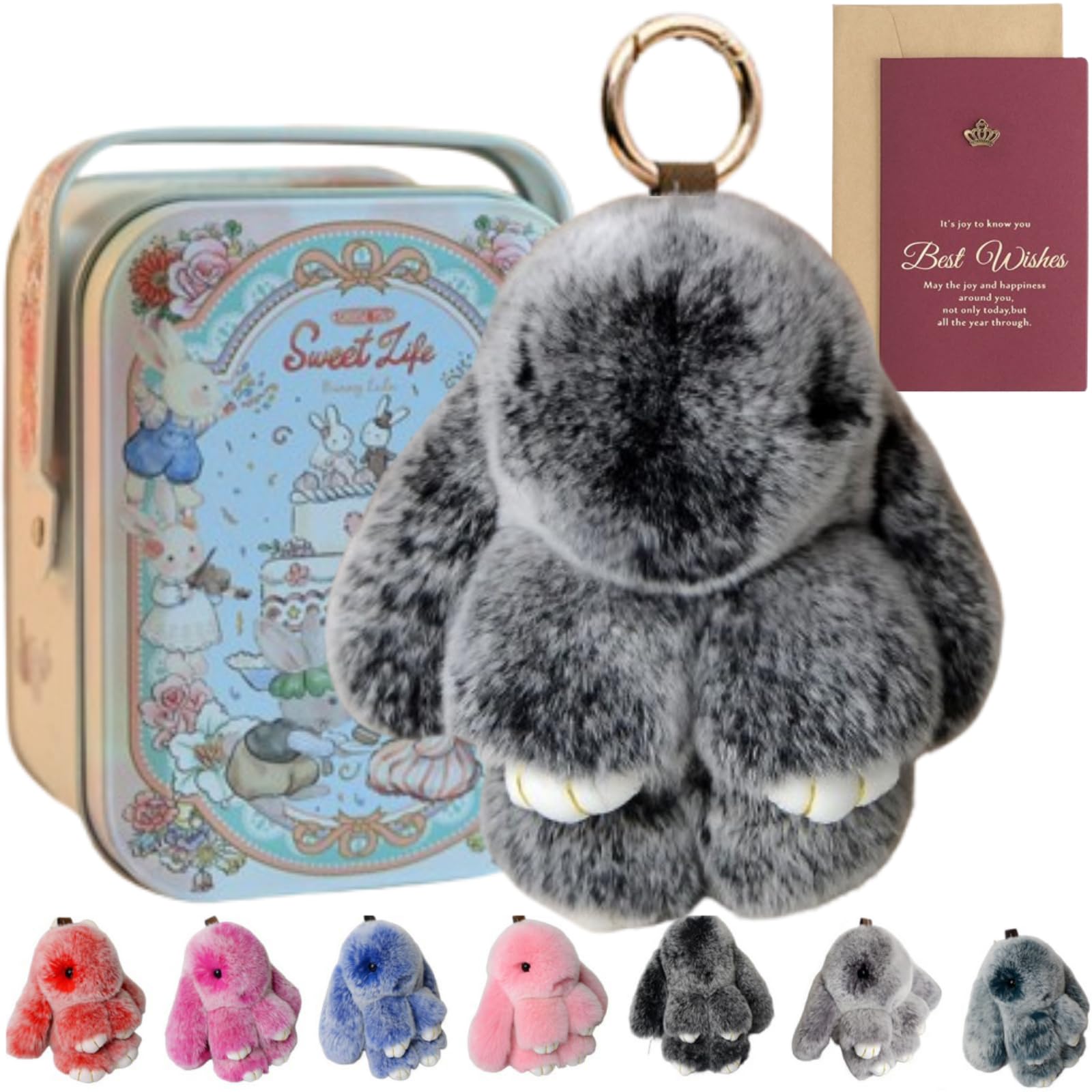 Cute Bunny Keychain with Tin, 5.8" Soft Plush Keychain Charm, 30 Colors – Graduation Gift & Stylish Bag Accessory
