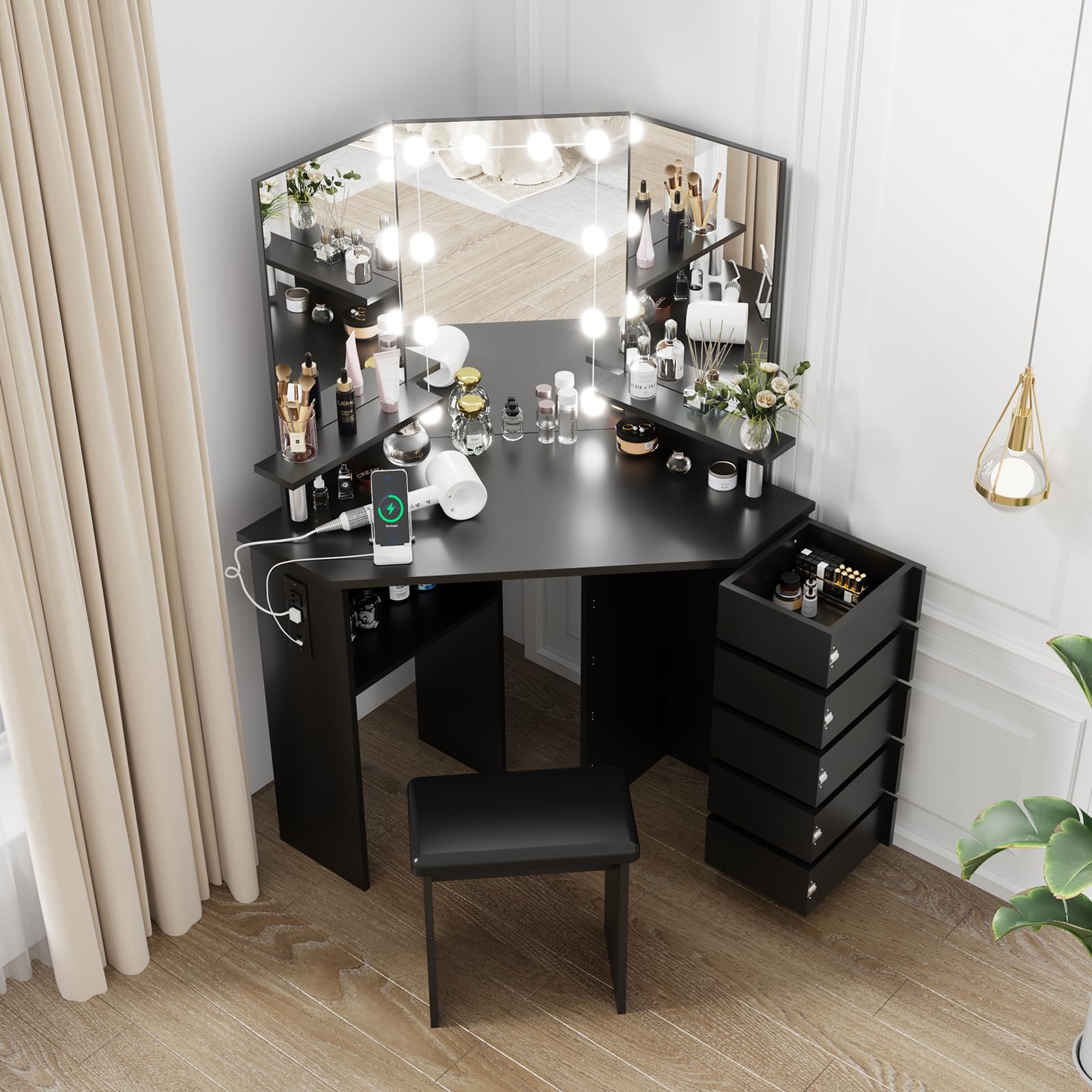 PullaFun Corner Makeup Vanity Desk with Lights & Power Outlet - Spacious Tri-Folding Mirror, 5 Rotating Drawers, Adjustable Brightness, Ample Storage, Stool Included