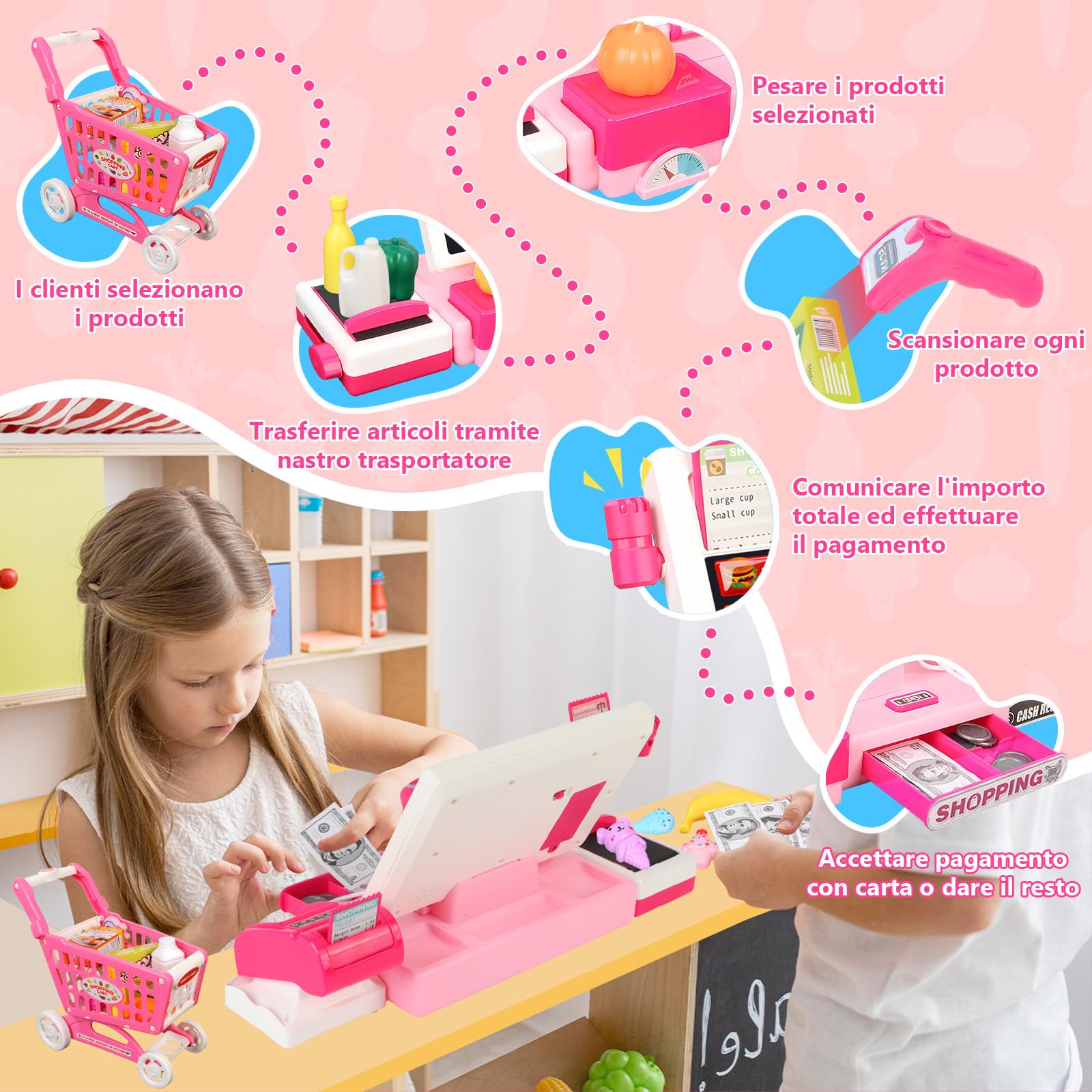 IEEILULU Cassa Giocattolo per Bambini, Cassa Supermercato Giocattolo - Con 52 Accessori(Vera Calcolatrice/Scanner/Soldi Finti/Cibo, Ecc.), Giocattolo Educativo Regalo per Ragazze Ragazzi 3 4 5 6 7 8