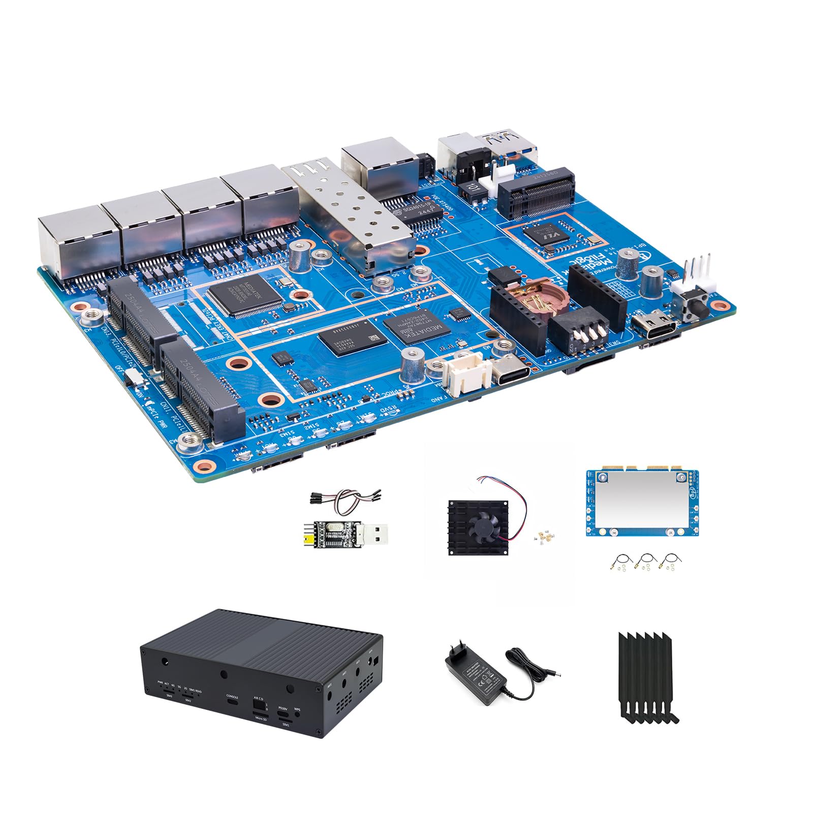 Banana Pi BPI-R4 Lite WiFi 7 Routeur Dev Board Kit OpenWRT - MediaTek MT7987A SoC - 2 Go DDR4 RAM 8 Go eMMC - 1 x 2,5 G SFP RJ45 WAN - 4 x GbE Gigabit Ethernet pour NAS Smart Home Gateway (2 Go DDR4