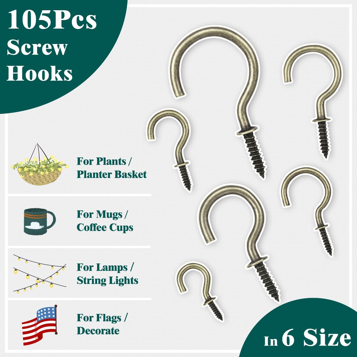 105 Pcs Screw Hooks, 6 Sizes Bronze Cup Hooks, Screw Hooks for Hanging, Metal Cup Hooks Screw in (1/2", 5/8", 3/4", 7/8", 1'', 1-1/4") - Image 4