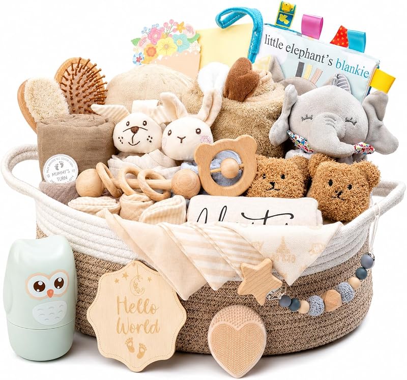 Cesta de regalo para bebé de 30 piezas – Cesta de regalo de lujo para bebé recién nacido | Set de regalo premium todo en uno para baby shower, elementos esenciales con recuerdos para la primera visita (Caqui)