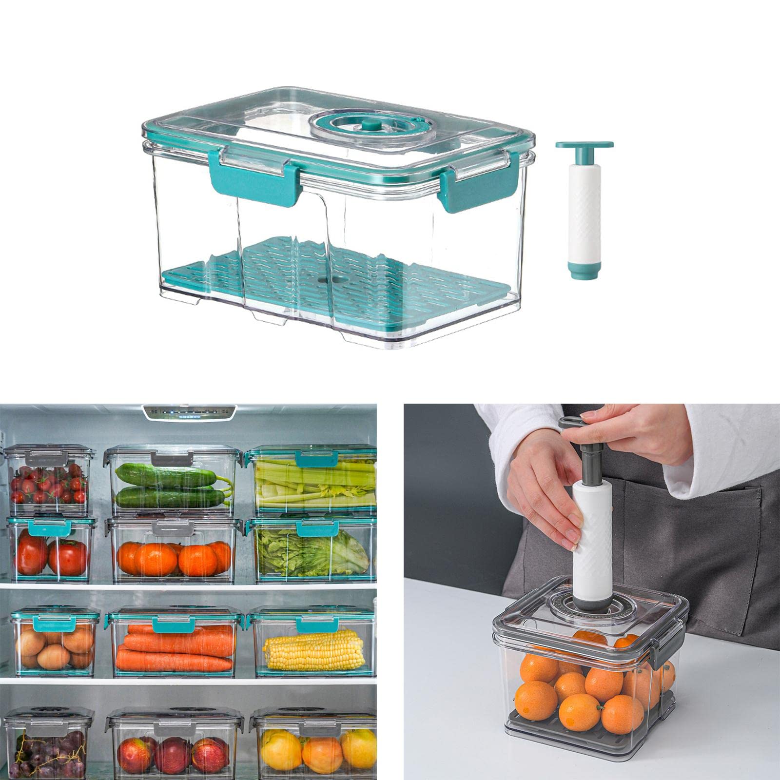 Baoblaze Vacuum Contenant Boîte Alimentaire Récipient Préservation sous Vide Récipient Plastique avec Pompe Manuel Fermeture Robuste Adapté pour Cuisine Bureau, Vert 2.5L