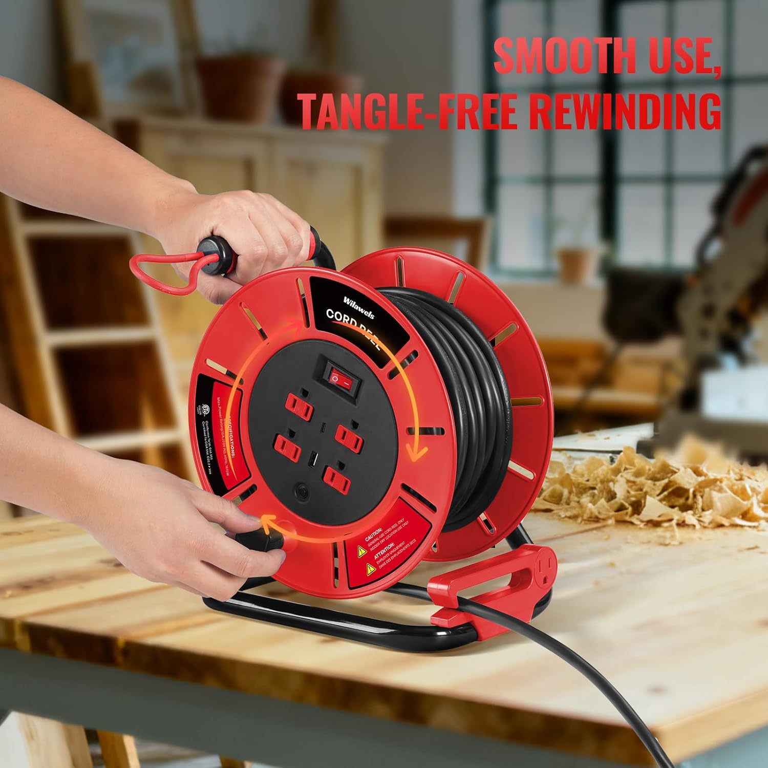 Extension Cord Storage Reel with 4-Grounded Outlet & 2 USB Port, 15A Circuit Breaker, Heavy Duty Open Cord Reel for 12/3,14/3 Gauge Power Cord, Hand Wind Retractable, ETL Listed Red R85CR06