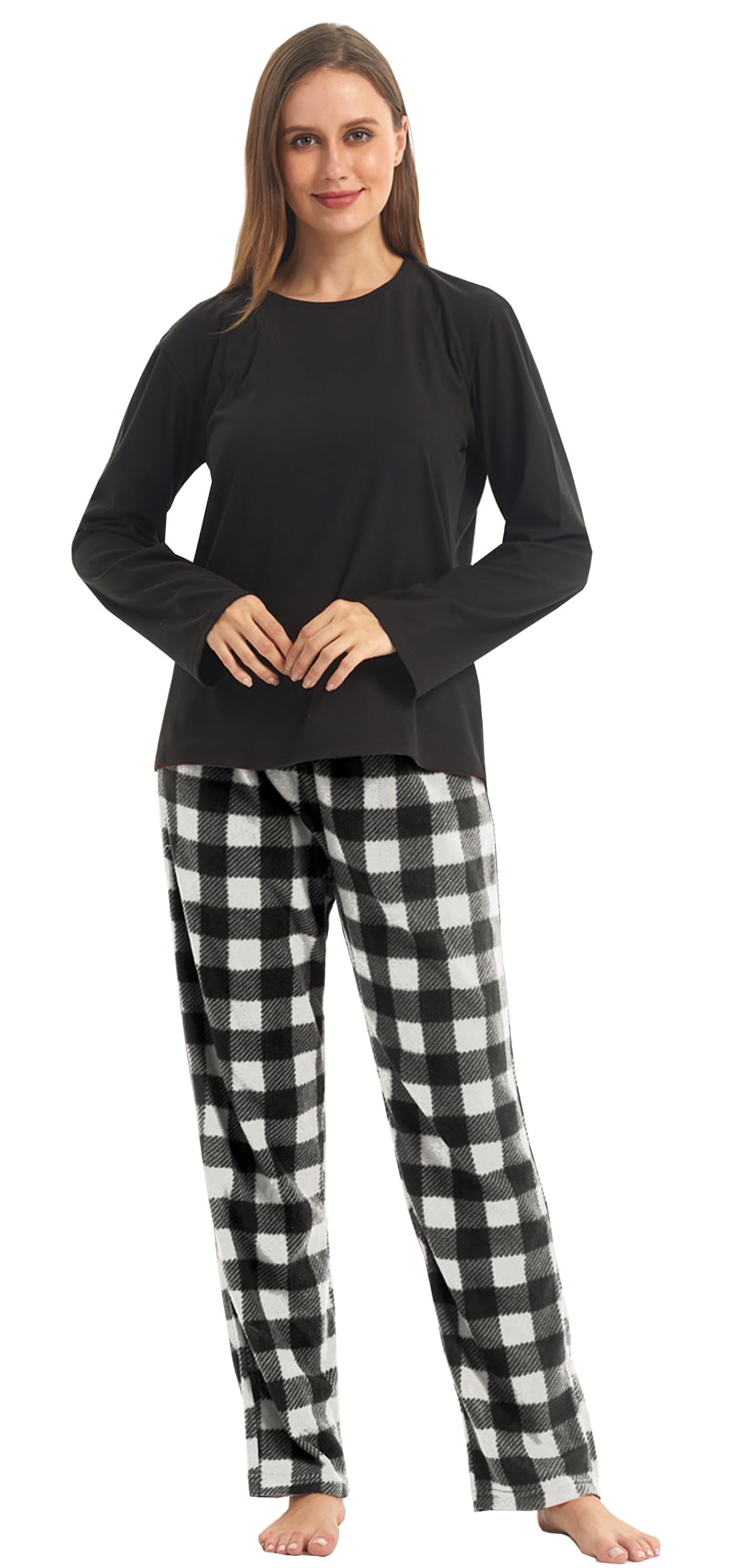 YUSHOW Schlafanzug Damen Lang Zweiteiliger Winter Pyjama Lange Oberteile Microfleece Karierte Pyjamahose Hausanzug Kuschelig Frauen Weihnachts Lounge Set