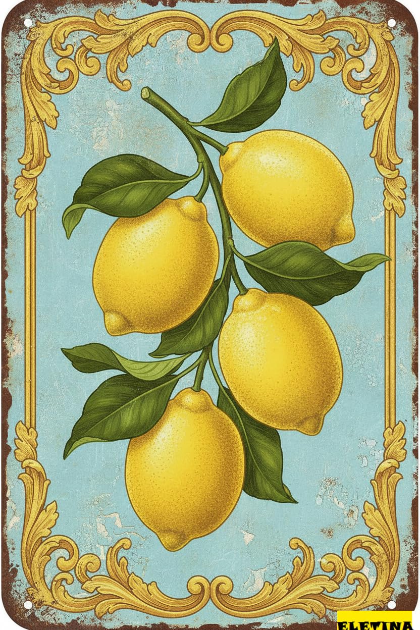 Lemons Botanical French Country Tin Sign, 8x12 Inch
