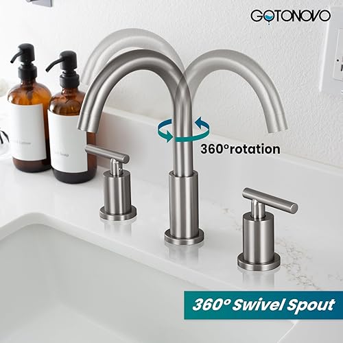 Miniatura 4 de gotonovo Grifo de lavabo de baño de 3 agujeros y 2 manijas con drenaje desplegable con válvulas mezcladoras frías y calientes de 8 pulgadas, níquel