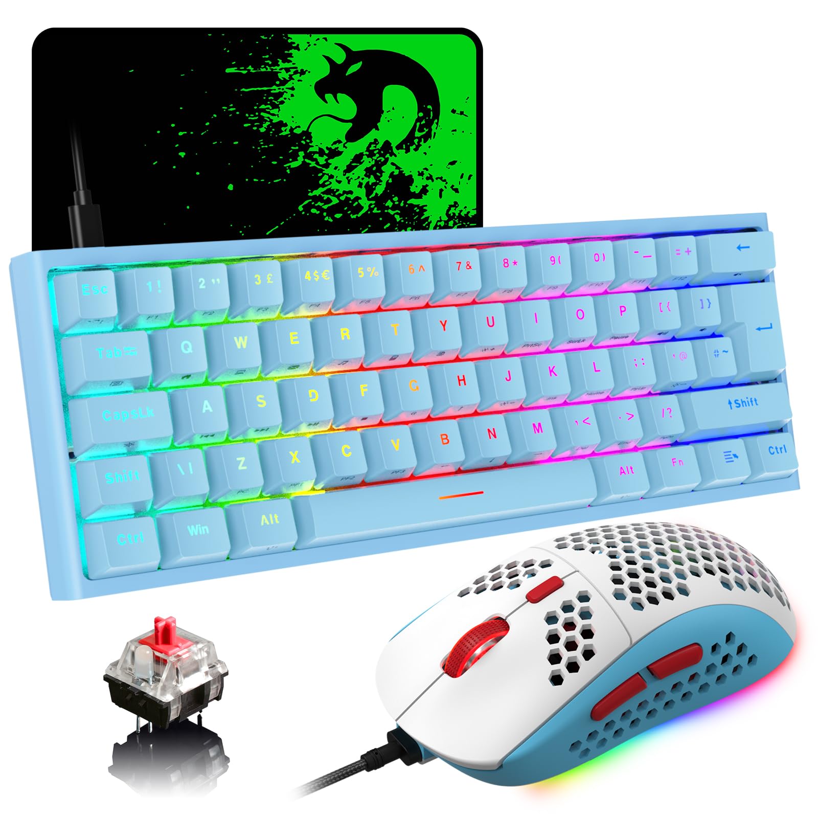 MAGIC-REFINER 60% Gaming-Tastatur Und Maus-Kombination, RGB-Hintergrundbeleuchtung, Mechanische Tastatur, Leichte Gaming-Maus, 62 Tasten, USB-C-Kabel, 6400 DPI, Win/Mac, QWERTY