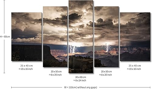 Miniatura 7 de So Crazy Art® Cuadros para pared de 5 unidades, diseño: rayos en el Gran Cañón y nubes oscuras, imágenes impresas en una lona, imagen decorada en