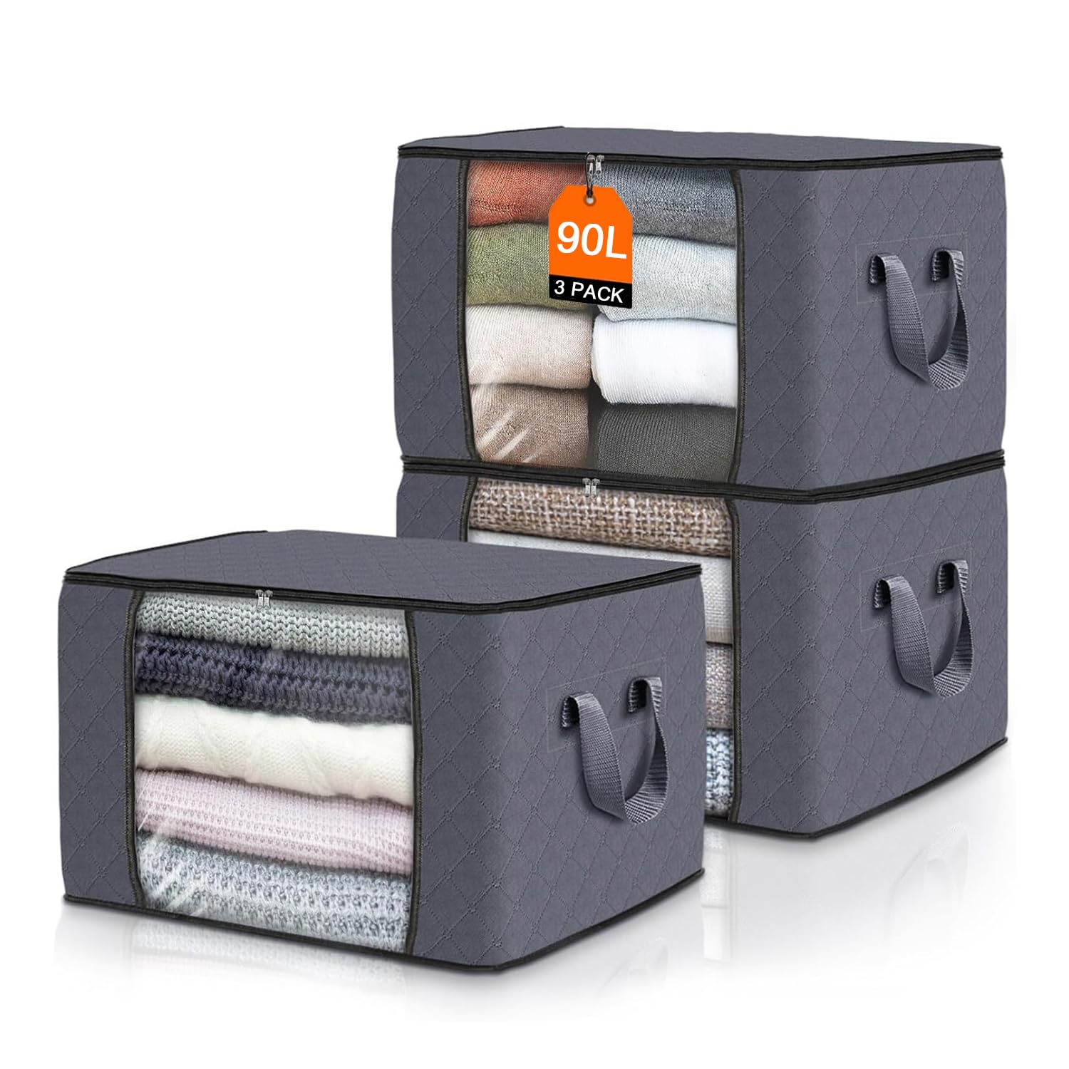 3 Pack Clothes Storage Bags with Zips, 90L Large Capacity Storage Boxes With Lid & Reinforced Handle for Moving House - Thick Fabric Foldable Large Storage Box for Clothes Comforters Blankets Bedding