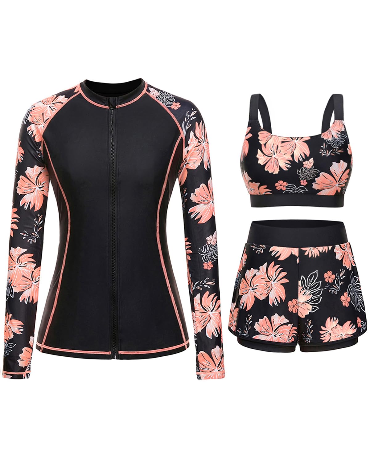 3 Piece Rash Guard for Women - Long Sleeve Swimsuits with Shorts SPF Zip up Swim Shirt with Built in Bra