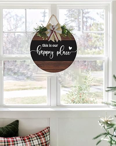 Miniatura 5 de This is Our Happy Place - Letrero redondo de madera para puerta delantera, porche, decoración de corona de bienvenida con texto en inglés "Our Happy