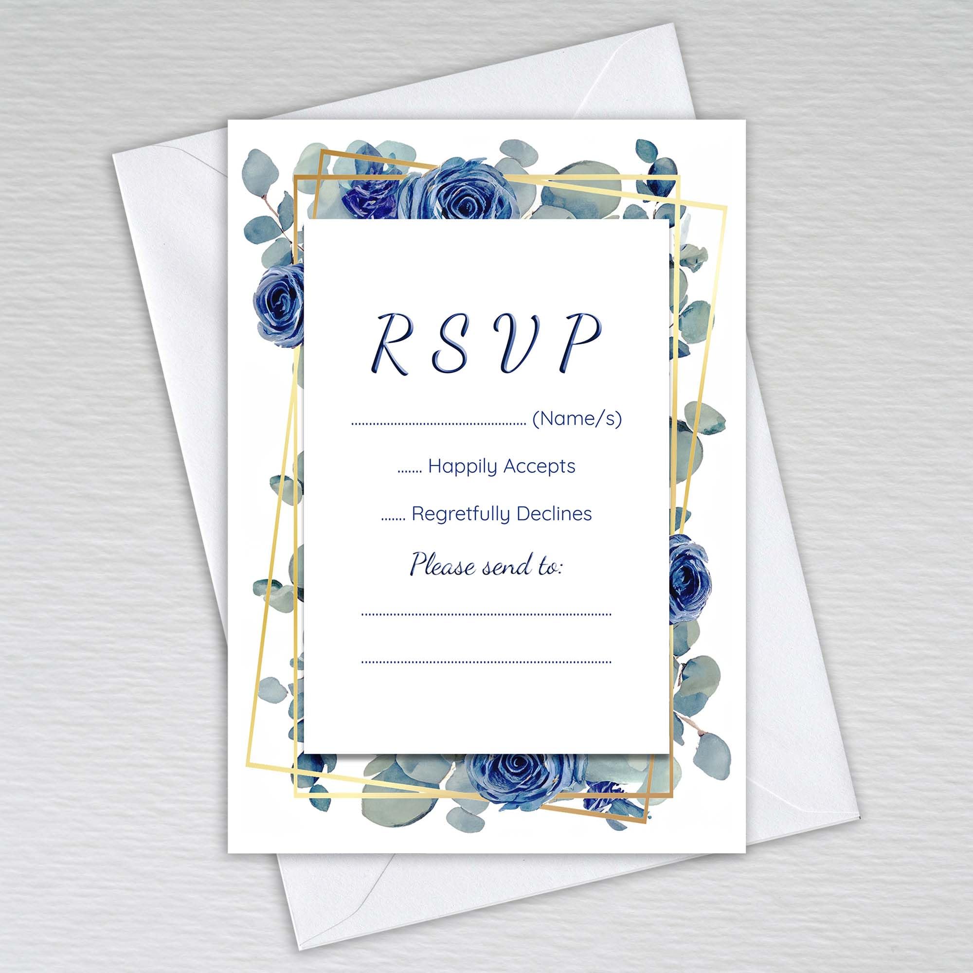 Webspectations Pack of RSVP Cards with Envelopes: Navy Rose with Dusty Blue Eucalyptus Wedding RSVP Cards (Pack of 50 with Envelopes)