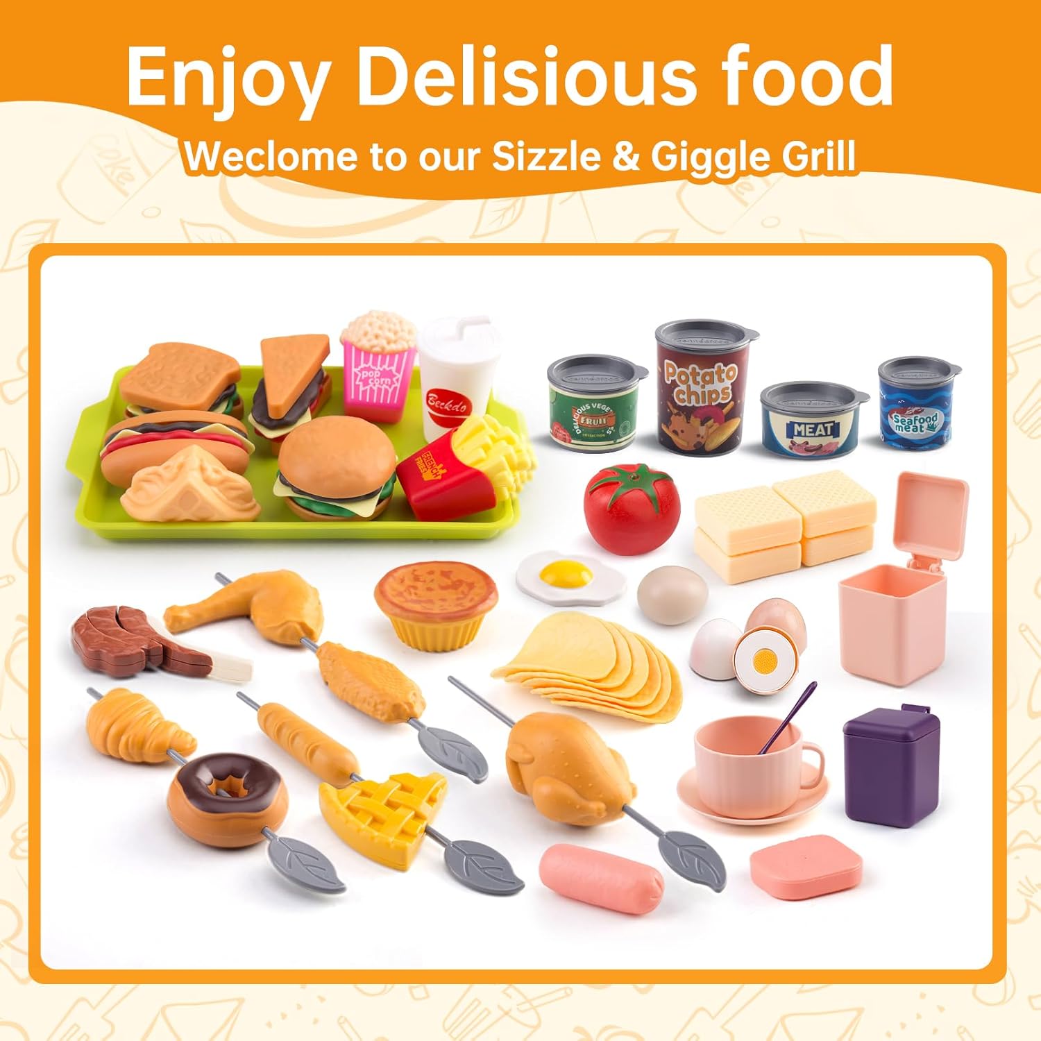 240Pcs Kids Mini Play Kitchen Accessories, Play Pans, Pots, Cookware with Desserts, Cuttable Veggies & BBQ Set & Storage Basket, Prop Money, Learning Gift for Child，Toddlers, Child, Pink - Image 6