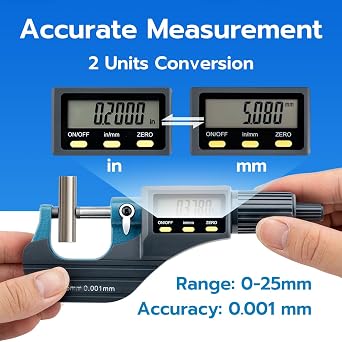 Mcbazel Digital Micrometer 0-25mm, Mcbazel Electronic Micrometer with 0.001mm Accuracy, Carbide Tips, Precision Micrometer with Inch/Metric Conversion, LCD Display Metric Diameter Caliper