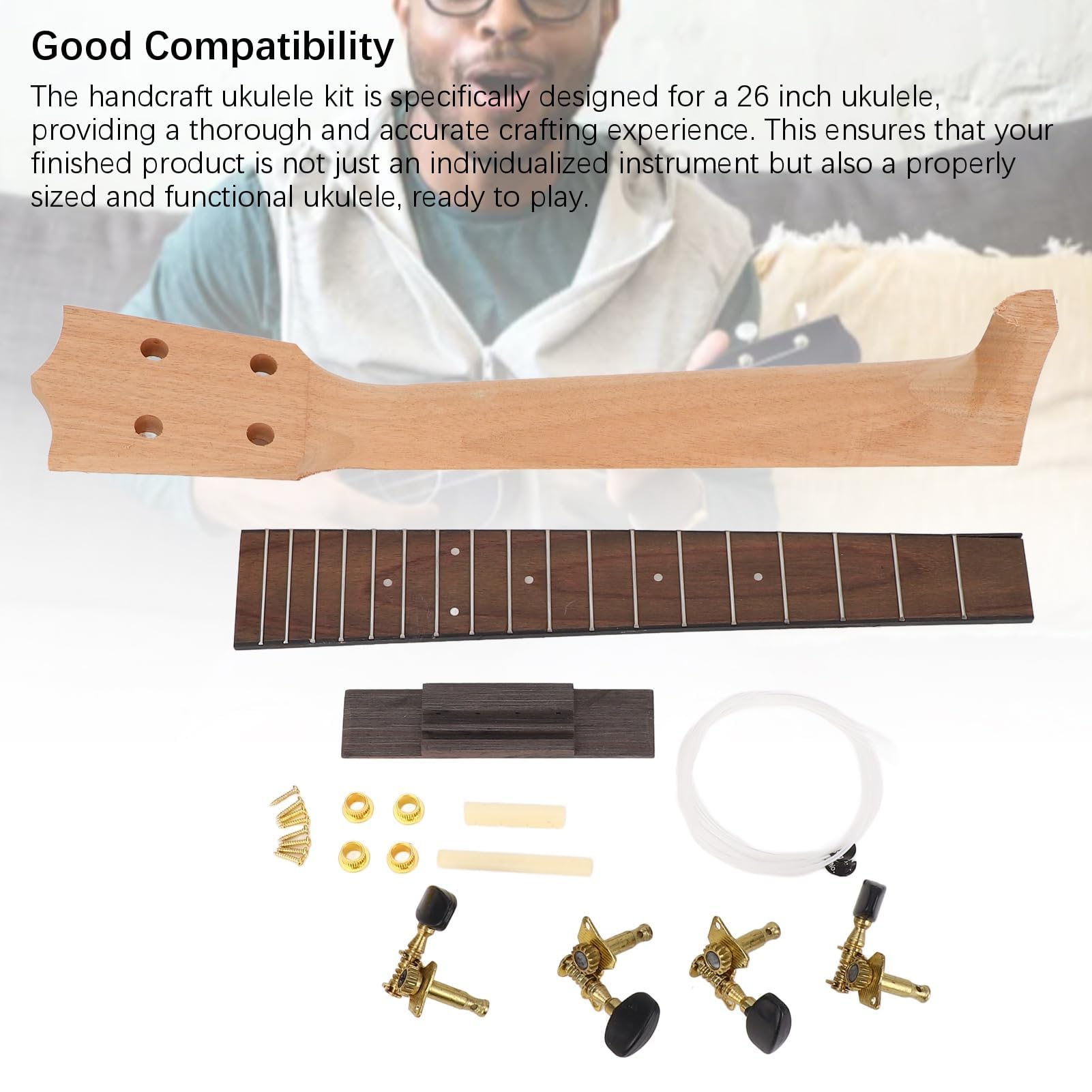 Kit de manche d'ukulélé à monter soi-même, fabriquez votre propre ukulélé avec ce kit : touche en palissandre, ensemble de boutons de cordes et de chevalet, ukulélé artisanal, kit de bricolage, pièces