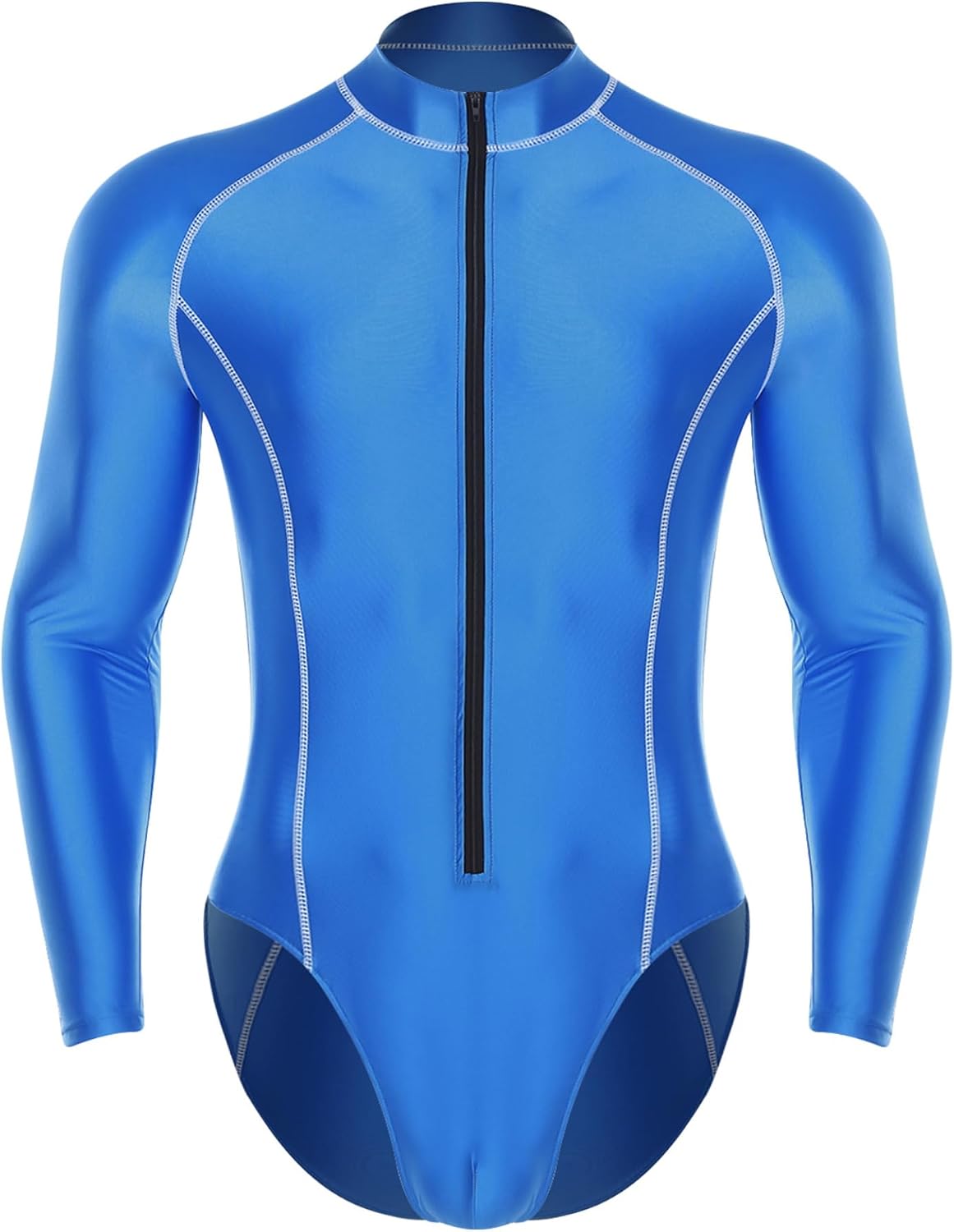 Jugaoge Mens Oily Silky Bodysuit Swimsuit Front Zipper Beach Surfing Jumpsuit Bathing Suit Rash Guard