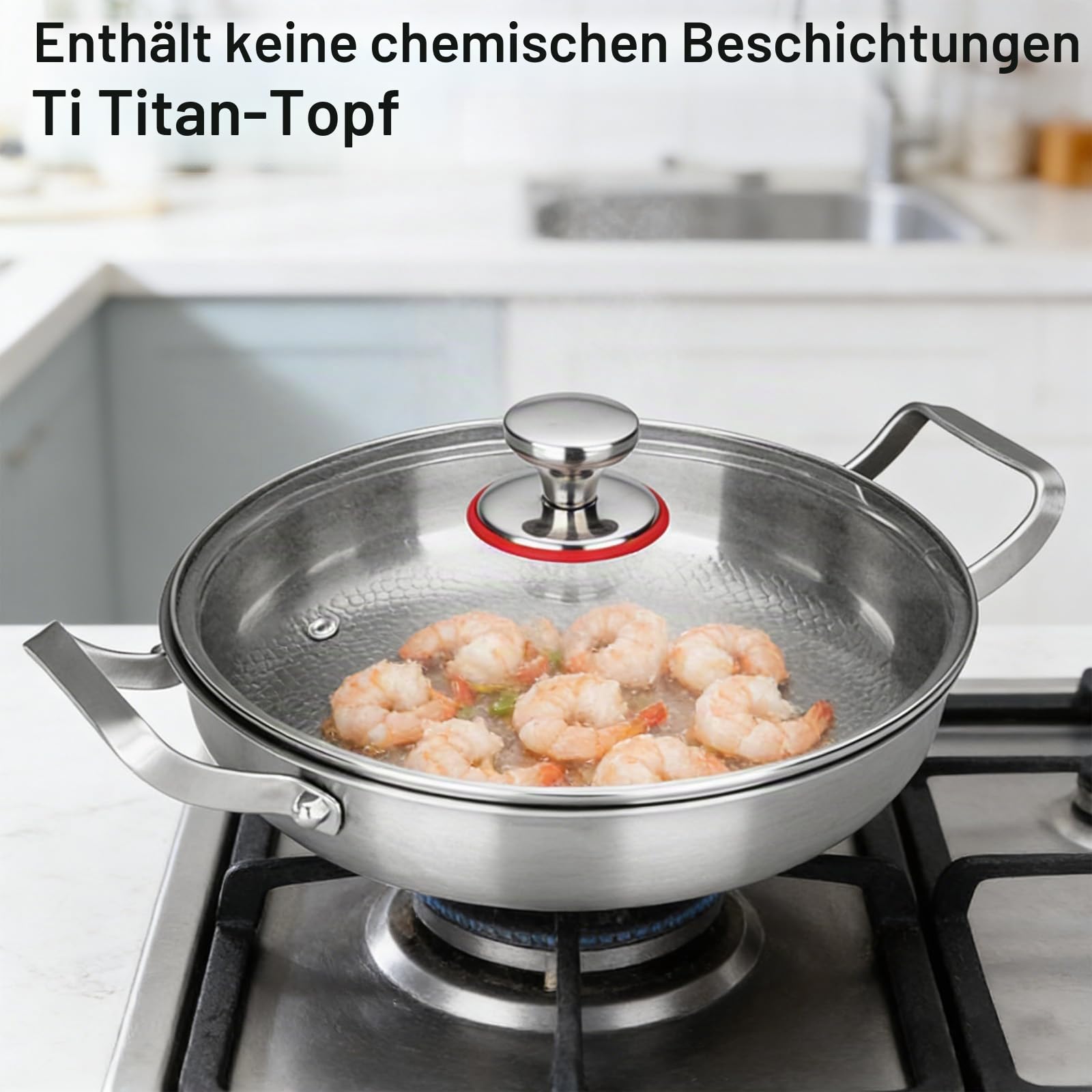 Titan Bratpfanne Ø 32 cm, Pfanne Unbeschichtet mit Deckel, Kratzfeste bratpfanne, Pfanne zwei Griffen, Gehämmerte Titan-Bratpfannes, Premium bratpfanne für Induktion, ohne Beschichtung