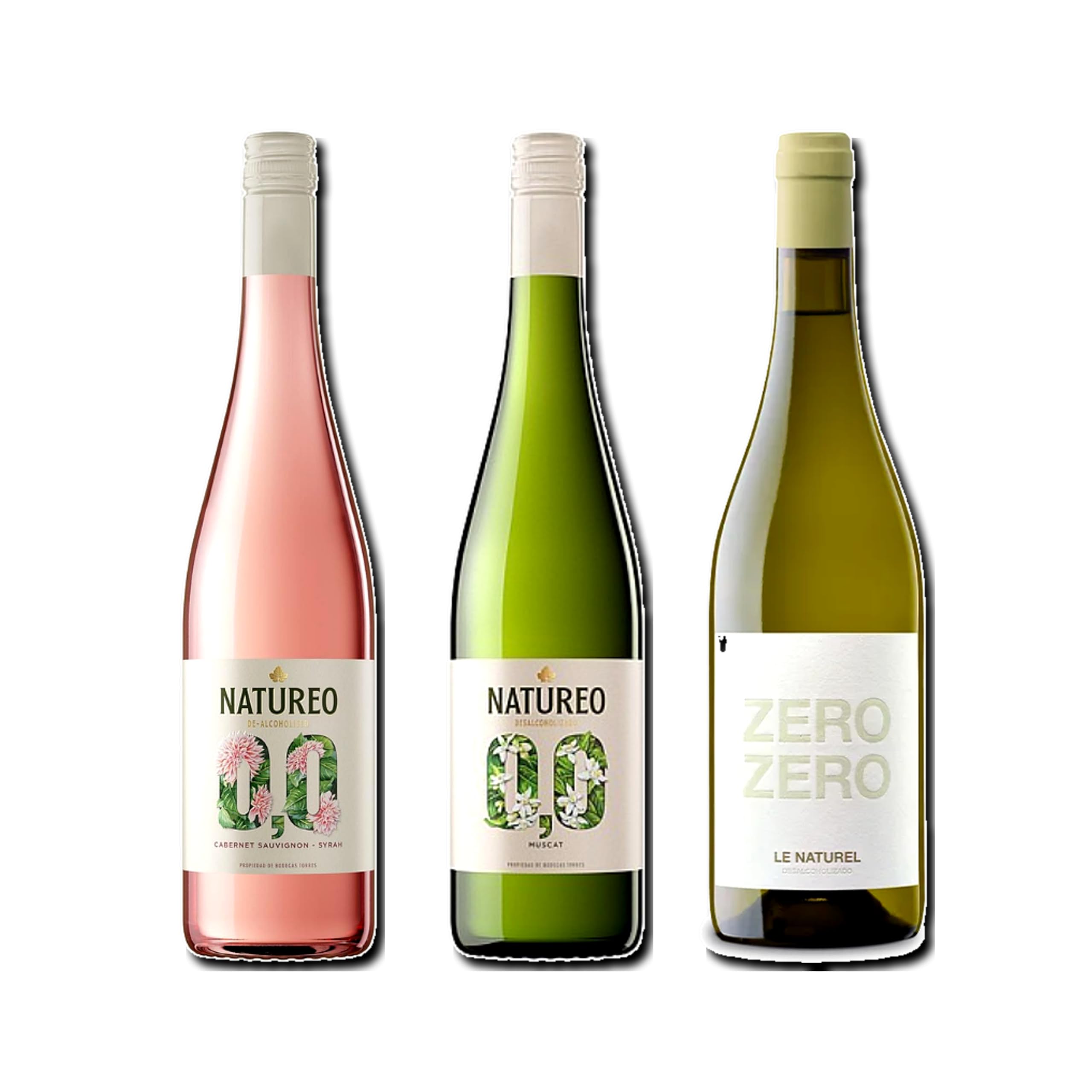 vino sin alcohol 0,0 Natureo Rosado, Natureo Blanco Muscat y Zero Zero Le Naturel Blanco pack de 3 botellas 75cl