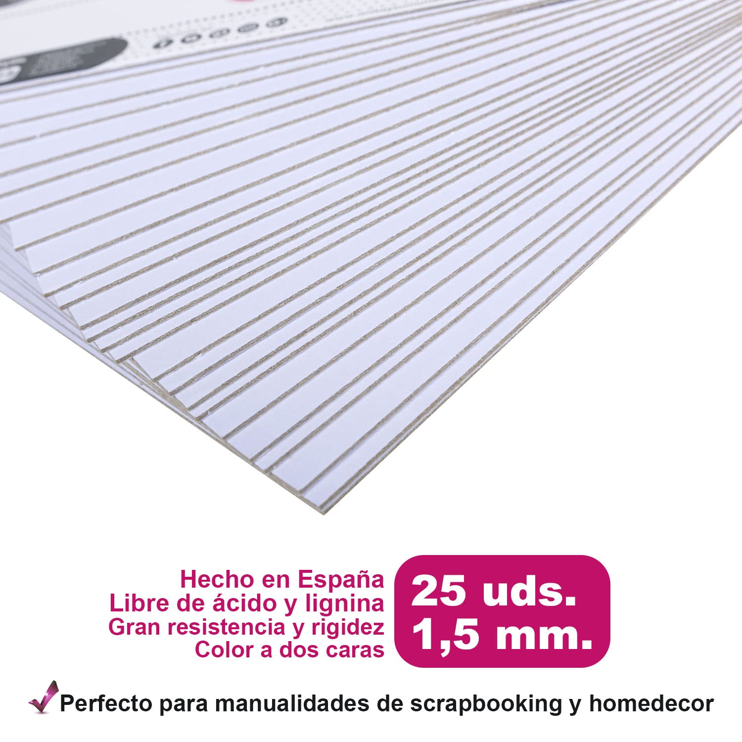 70810970. Paquete de 25 Cartones Blancos Color Doble Cara, 1,5 mm Grosor, 12 x 12 Pulgadas, 30,5X30,5cm, Básicos Scrapbooking